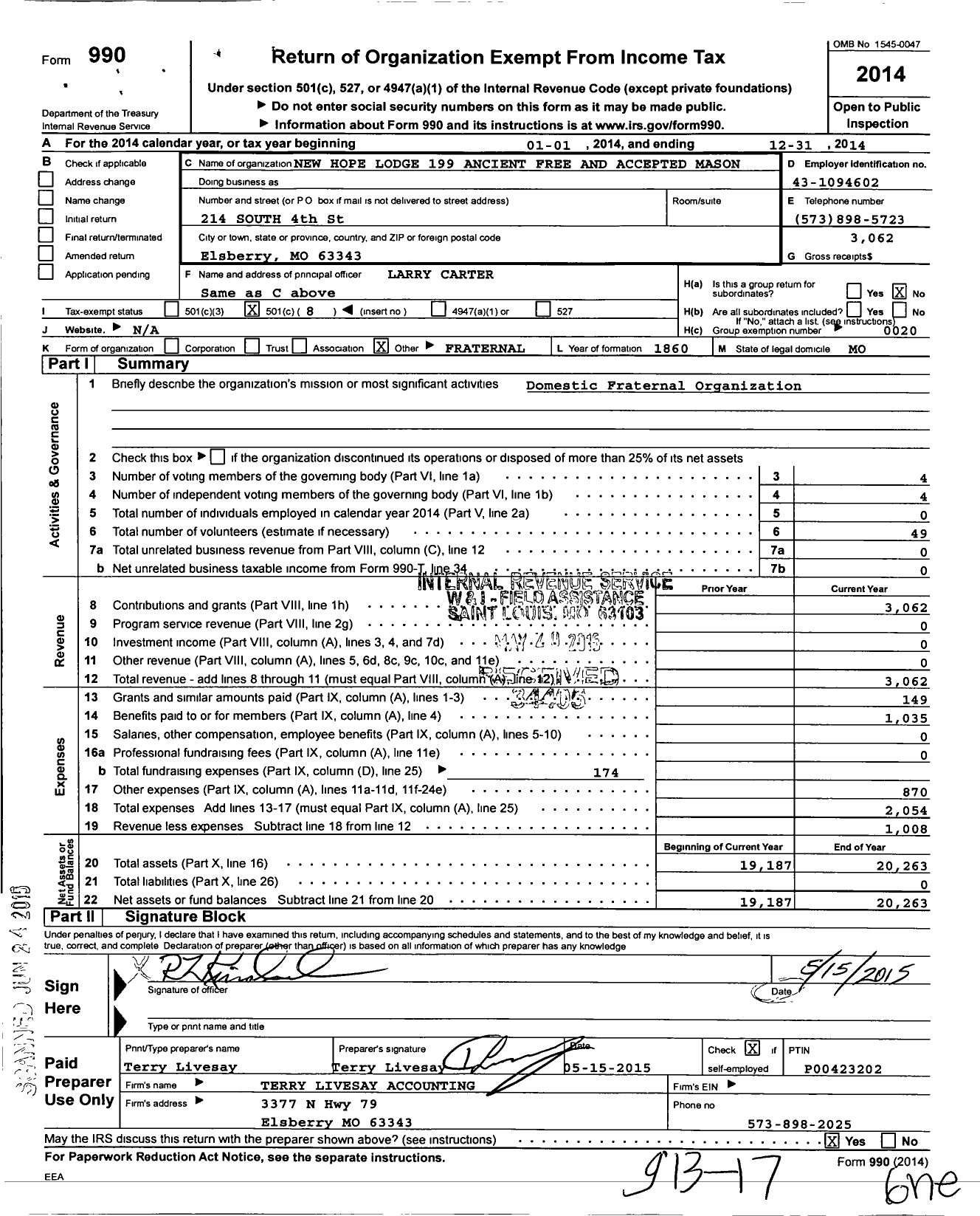 Image of first page of 2014 Form 990O for Ancient and Free Accepted Masons of Missouri / 199 New Hope