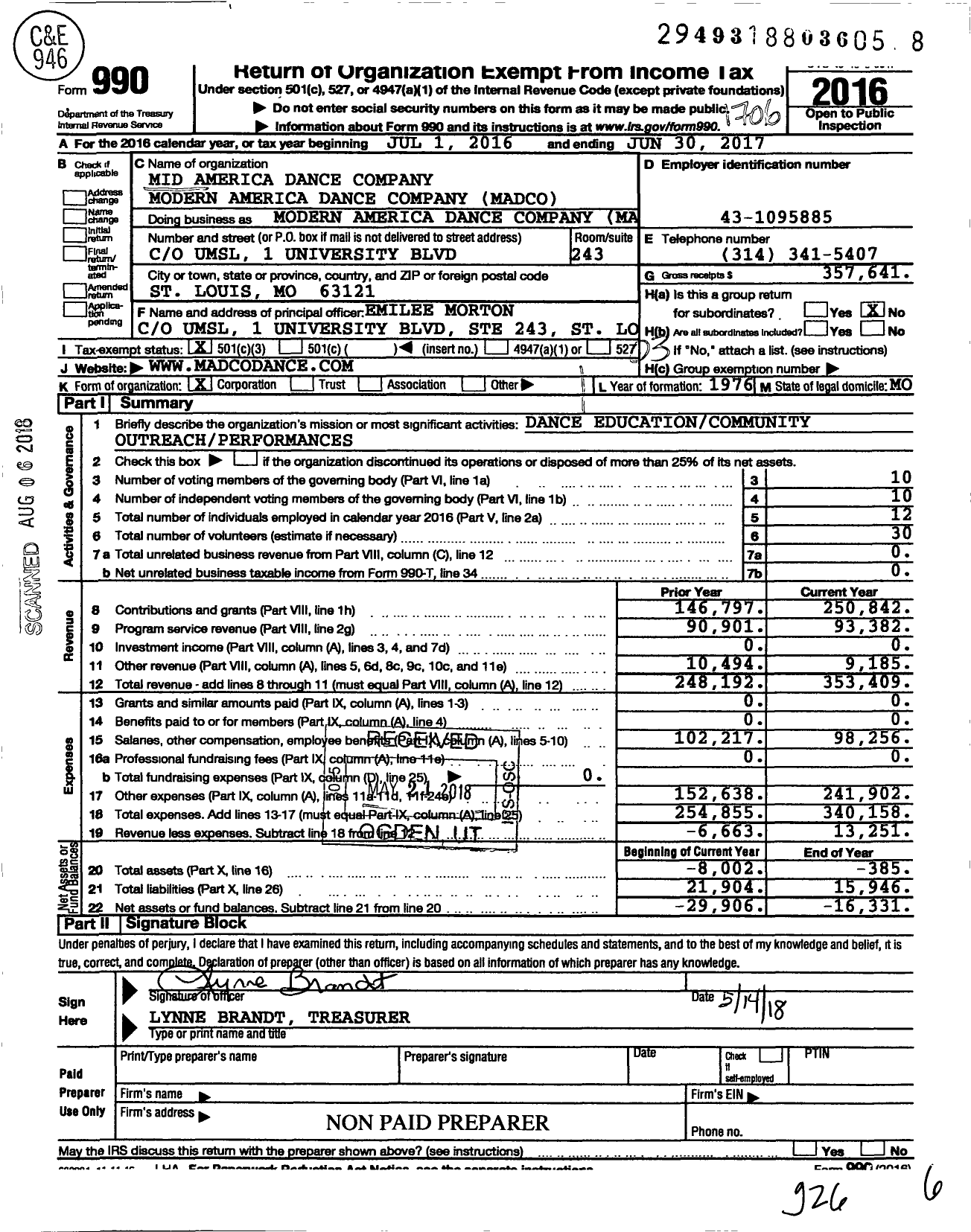 Image of first page of 2016 Form 990 for Mid America Dance Company (MADCO)