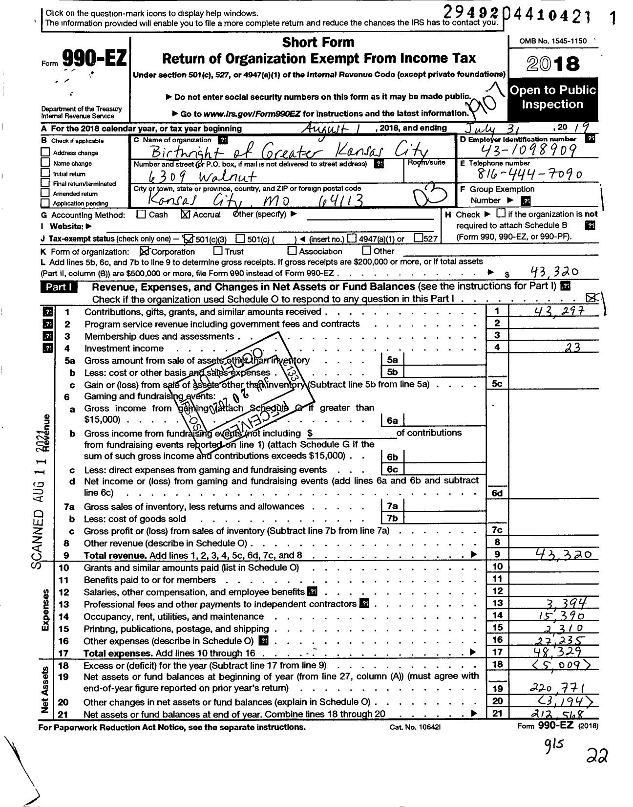 Image of first page of 2018 Form 990EZ for Birthright of Greater Kansas City