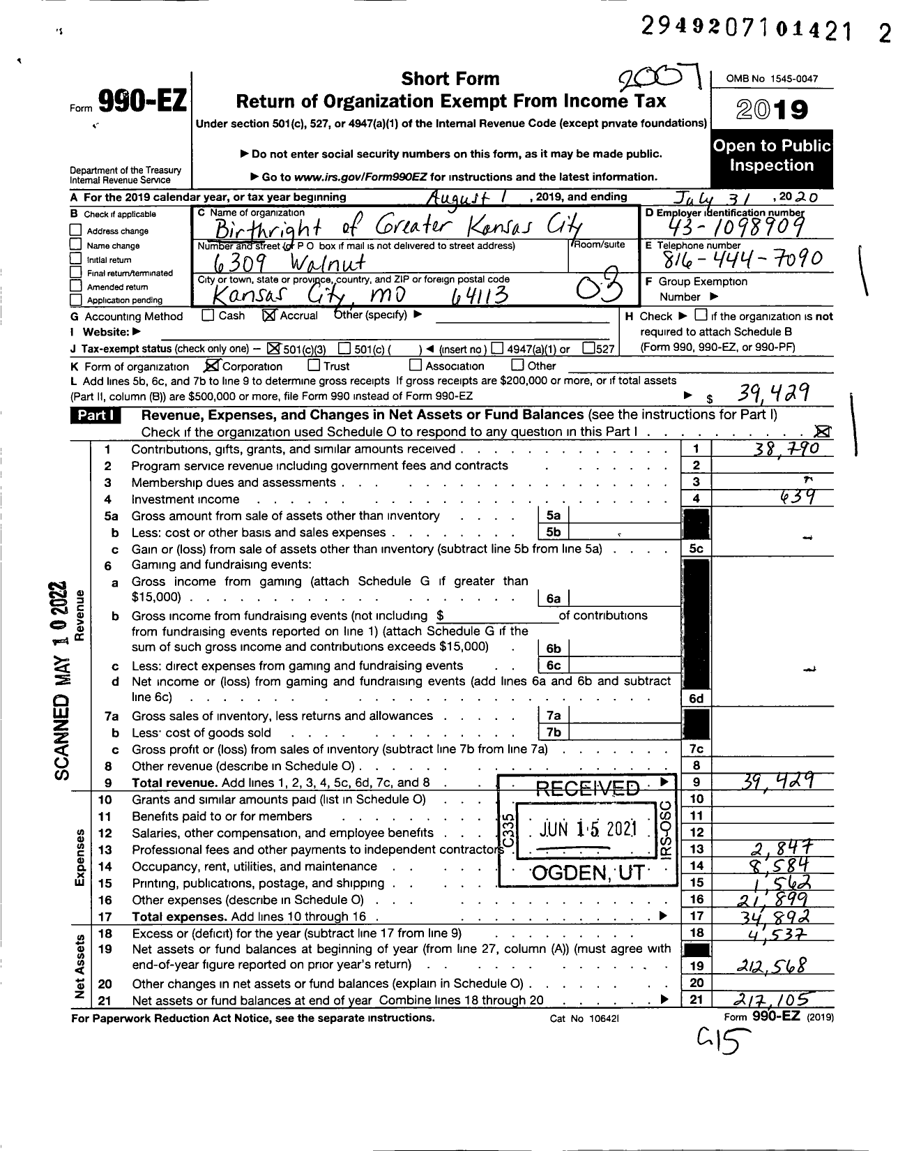 Image of first page of 2019 Form 990EZ for Birthright of Greater Kansas City