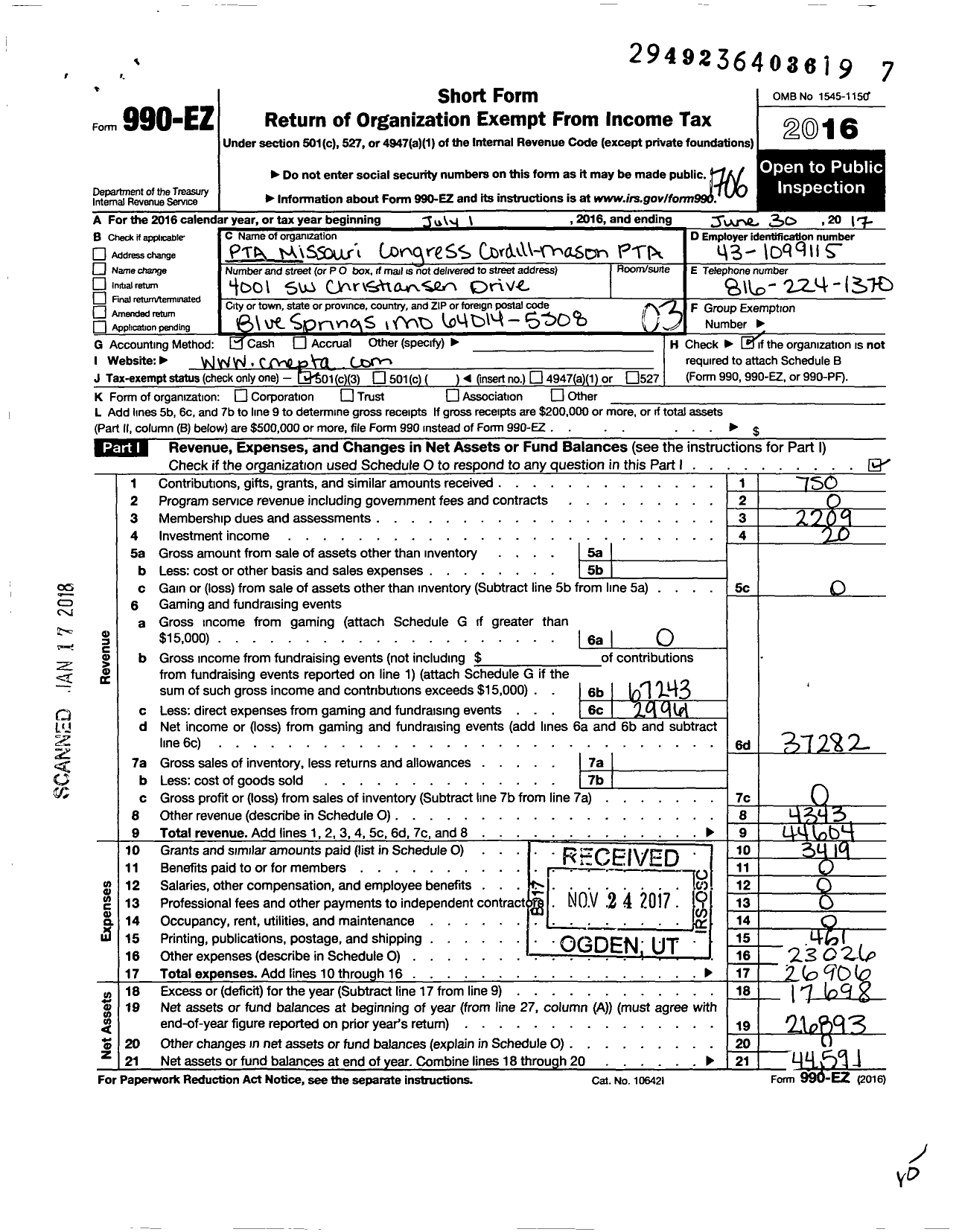 Image of first page of 2016 Form 990EZ for PTA Missouri Congress / Cordill-Mason Elementary PTA
