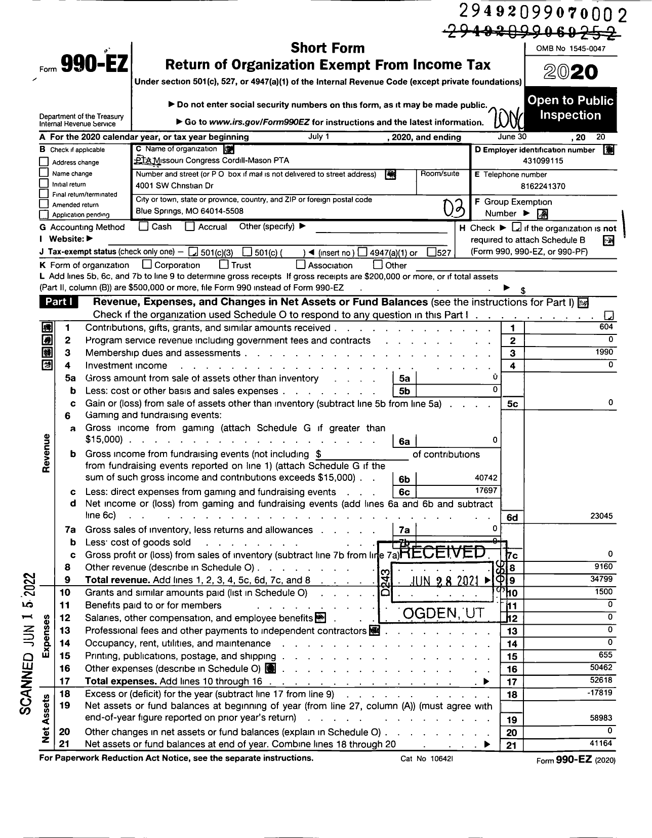 Image of first page of 2019 Form 990EZ for PTA Missouri Congress / Cordill-Mason Elementary PTA