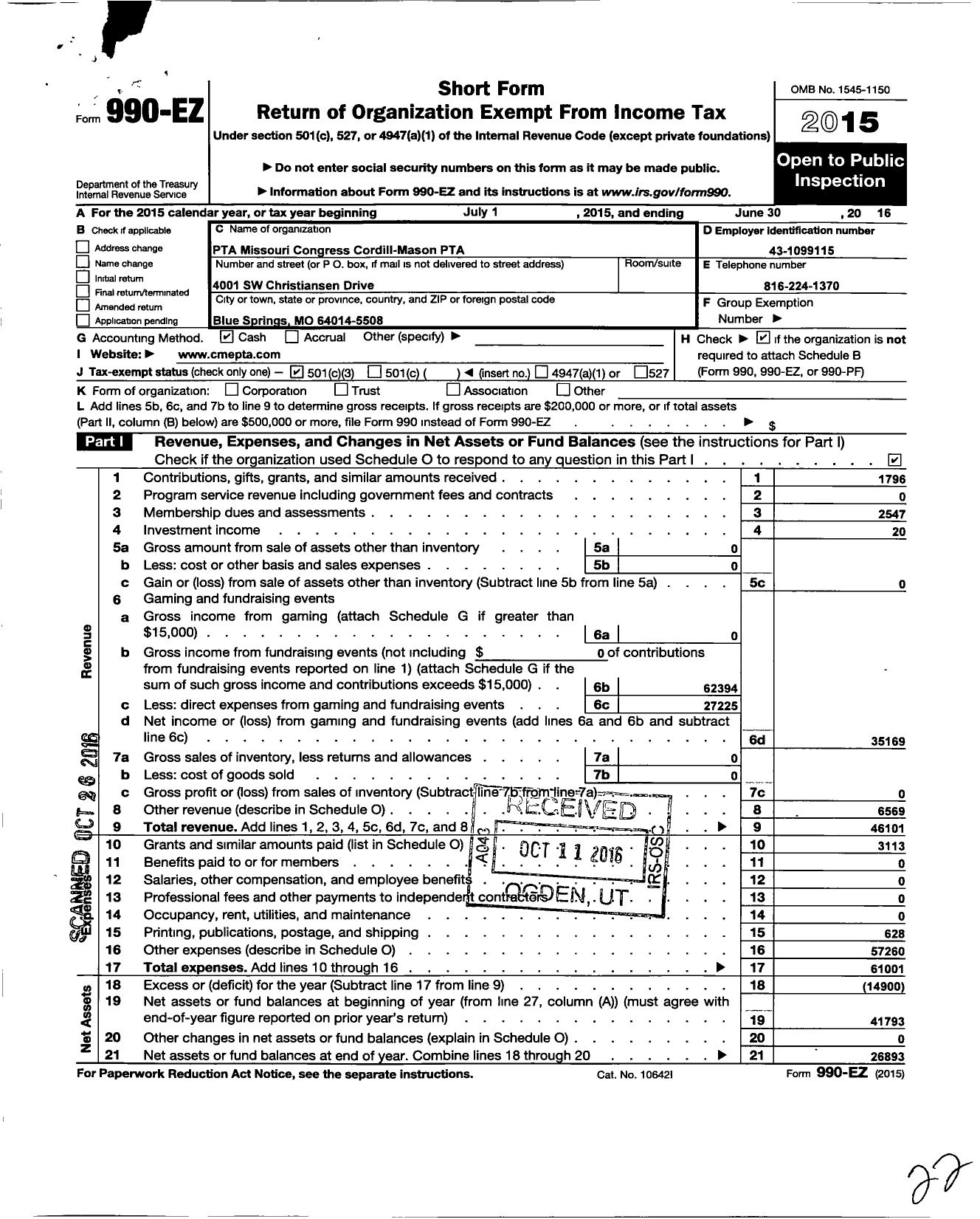 Image of first page of 2015 Form 990EZ for PTA Missouri Congress / Cordill-Mason Elementary PTA