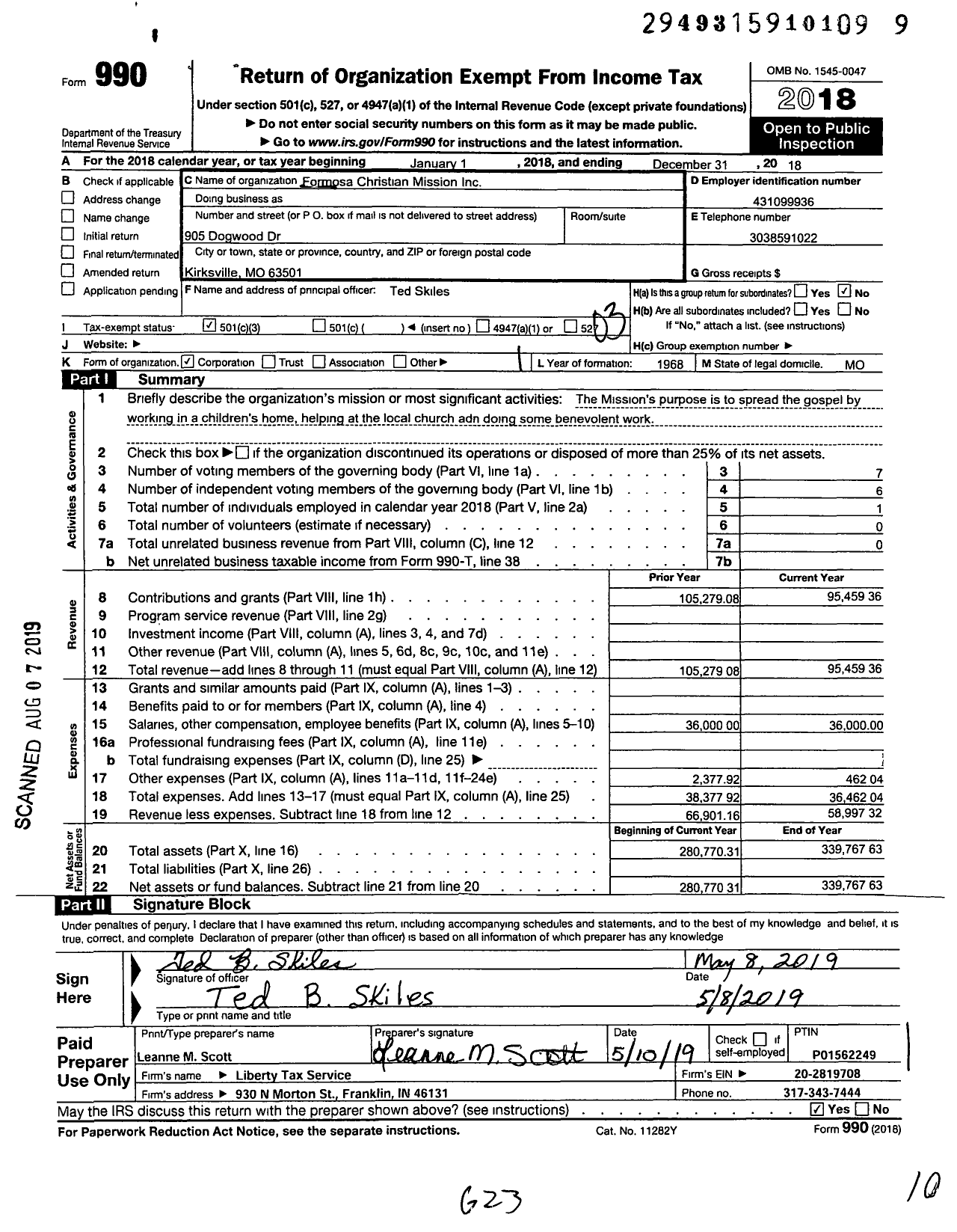 Image of first page of 2018 Form 990 for Formosa Christian Mission