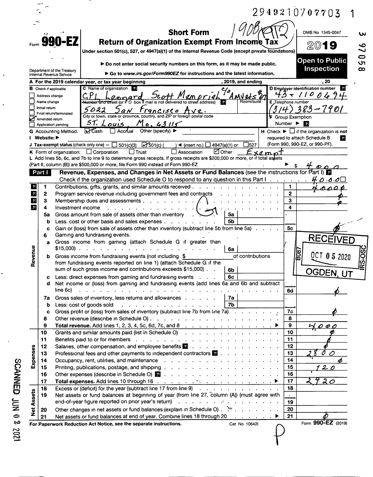 Image of first page of 2019 Form 990EO for Corporal Leonard Scott Memorial Amvets Post 67 of the Department