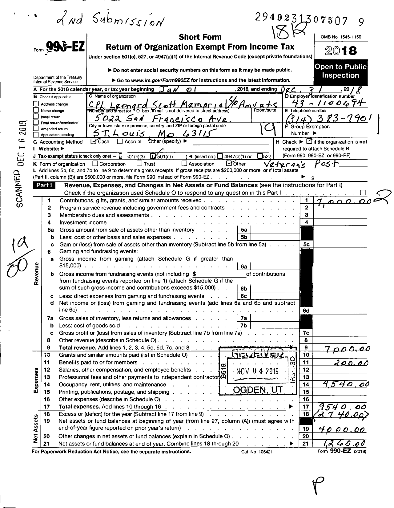 Image of first page of 2018 Form 990EO for Corporal Leonard Scott Memorial Amvets Post 67 of the Department