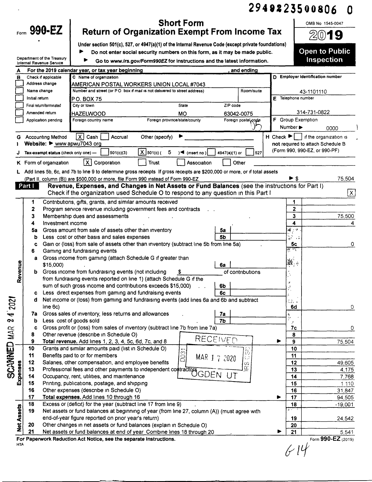 Image of first page of 2019 Form 990EO for American Postal Workers Union - 7043 Saint Louis BMC Local