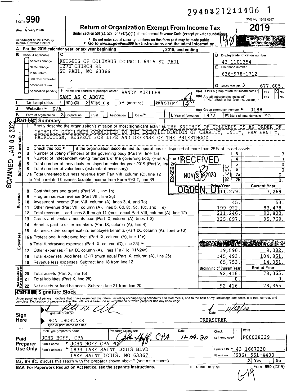 Image of first page of 2019 Form 990O for Knights of Columbus - 6415 St Paul