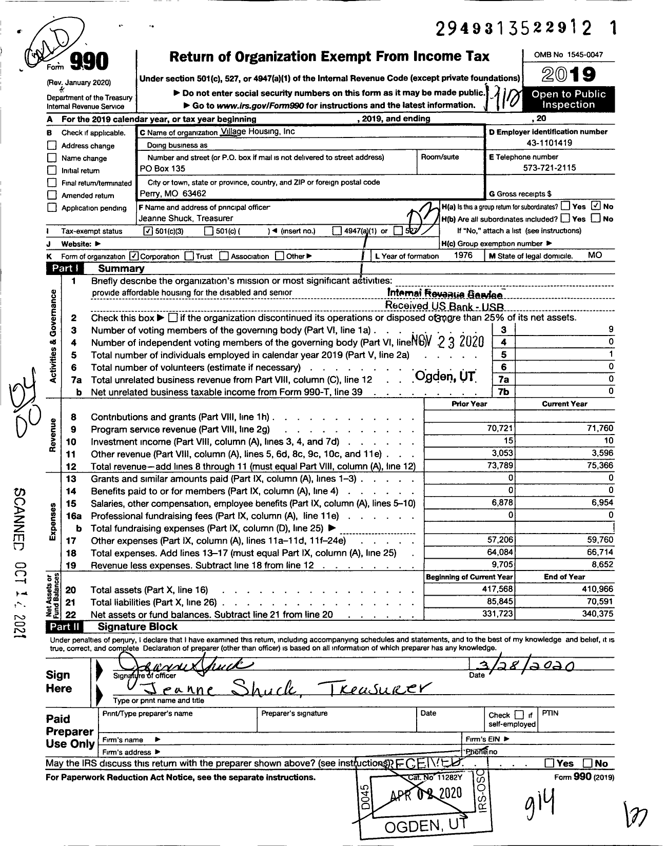 Image of first page of 2019 Form 990O for Village Housing