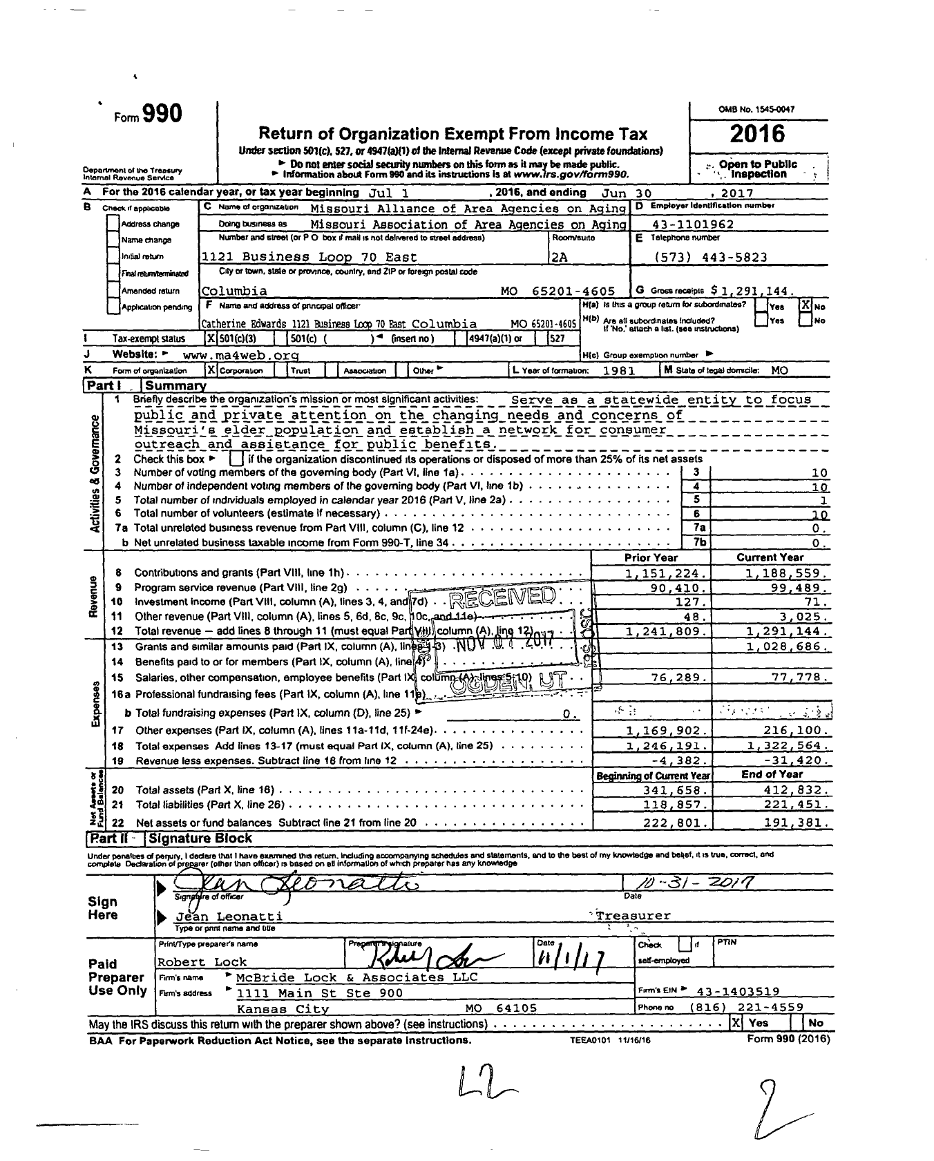 Image of first page of 2016 Form 990 for Missouri Association of Area Agencies on Aging