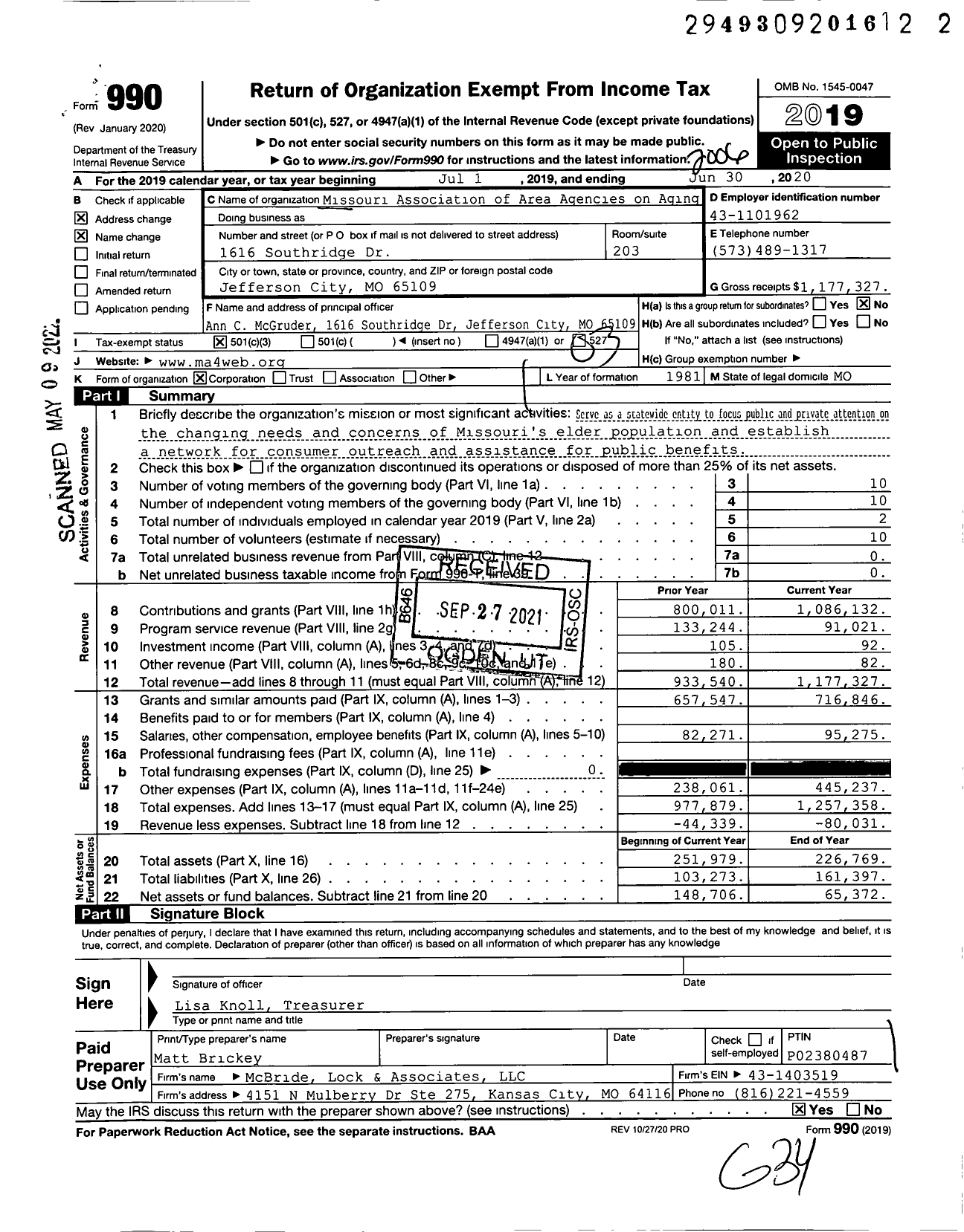 Image of first page of 2019 Form 990 for Missouri Association of Area Agencies on Aging