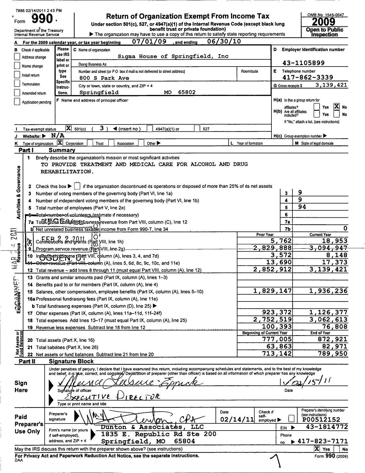 Image of first page of 2009 Form 990 for Sigma House of Springfield