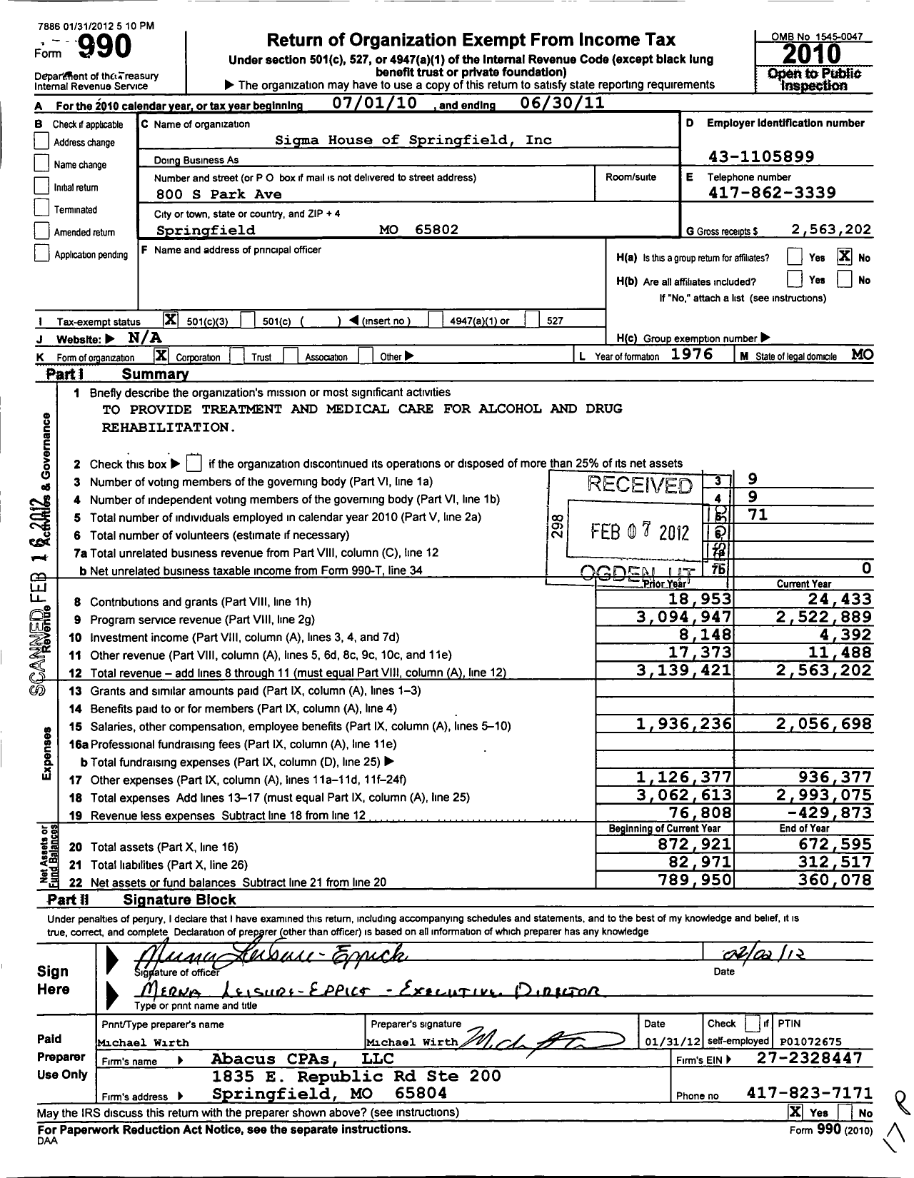 Image of first page of 2010 Form 990 for Sigma House of Springfield