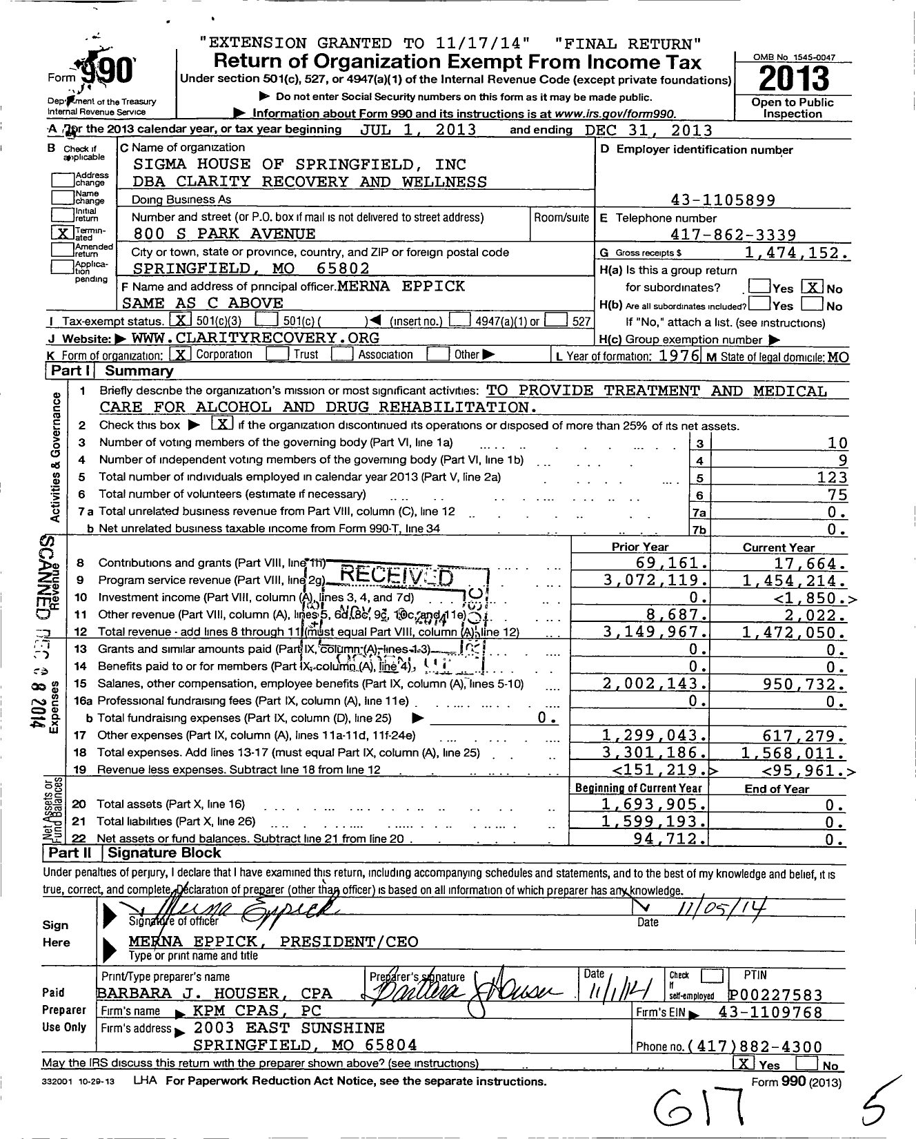 Image of first page of 2013 Form 990 for Sigma House of Springfield