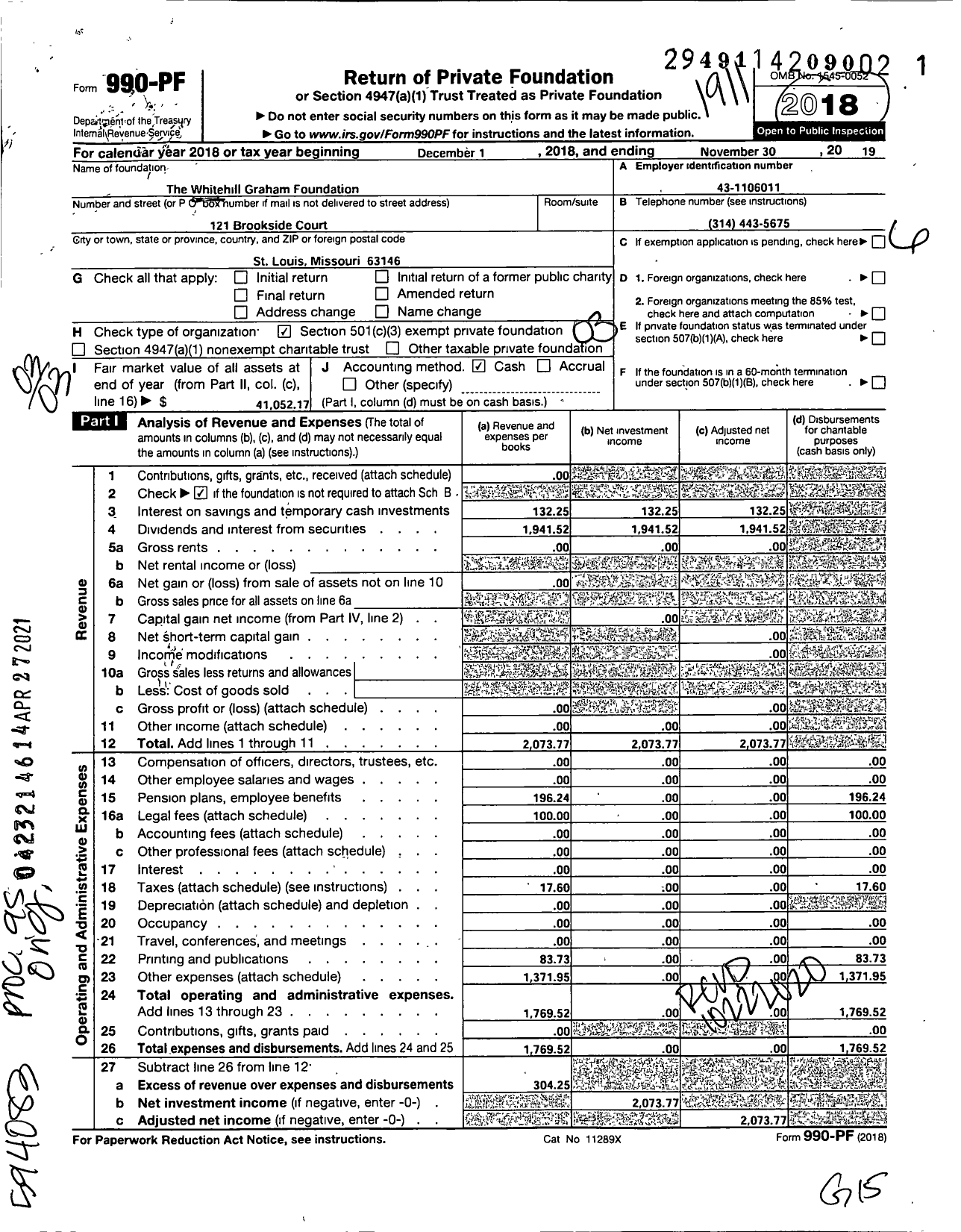 Image of first page of 2018 Form 990PF for Whitehill Graham Foundation