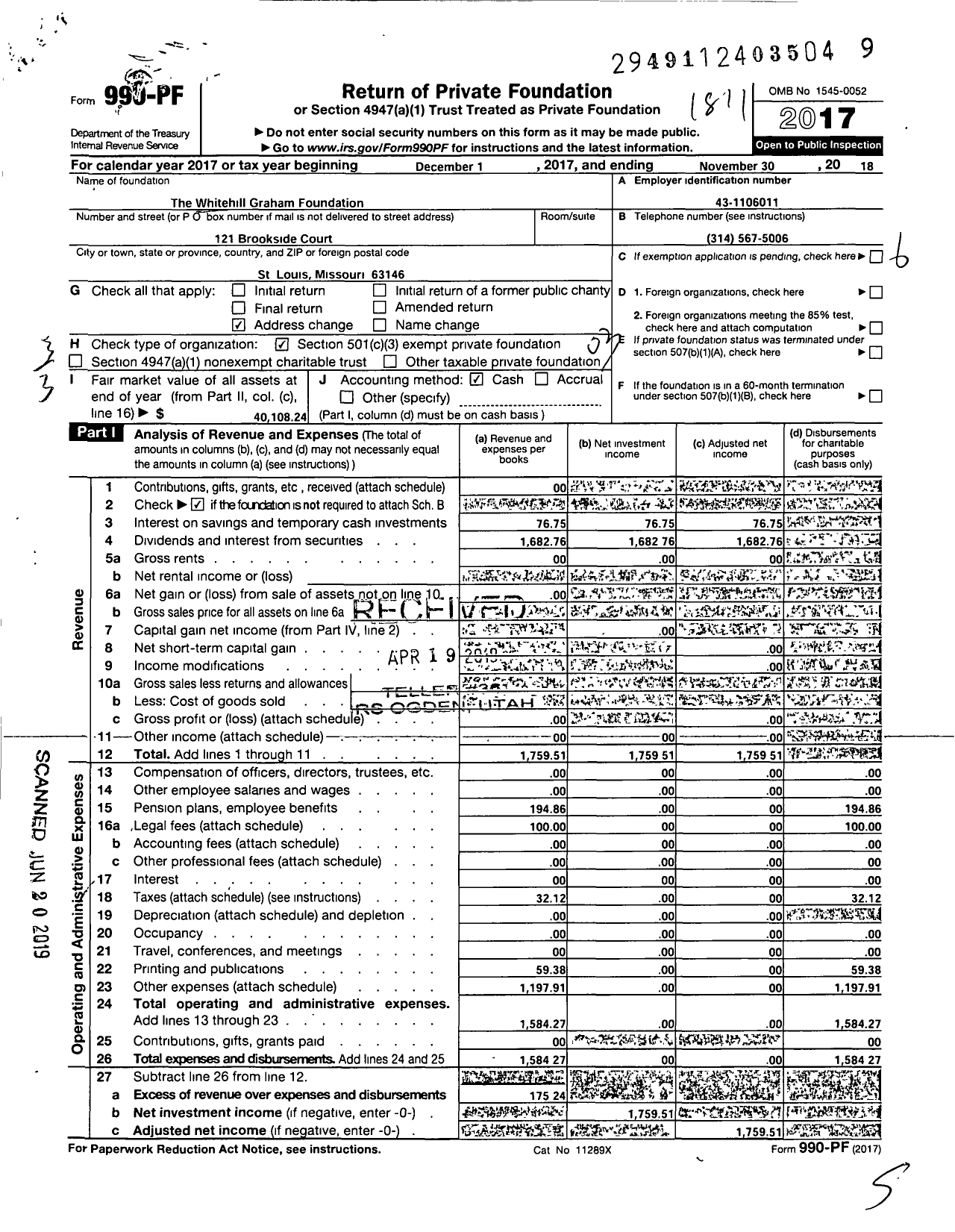 Image of first page of 2017 Form 990PF for Whitehill Graham Foundation