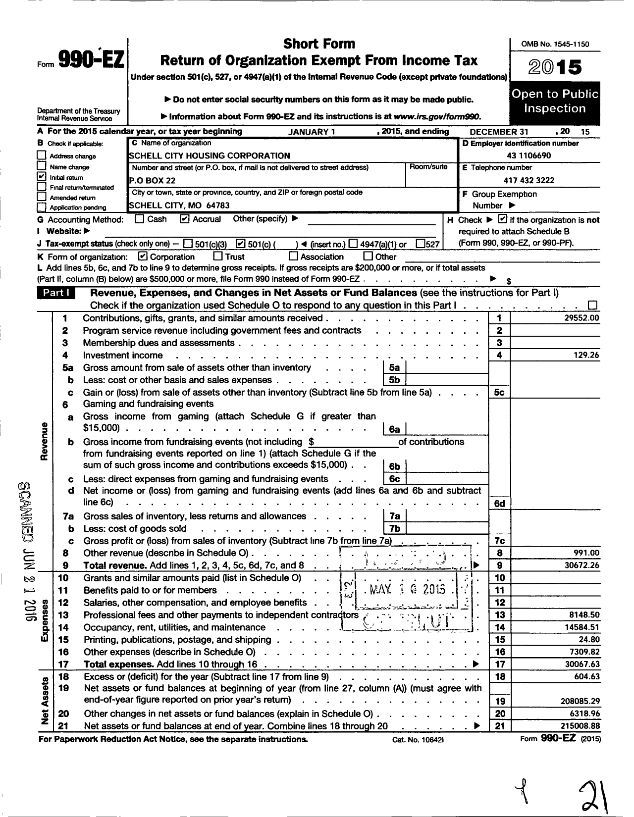 Image of first page of 2015 Form 990EO for Schell City Housing Corporation