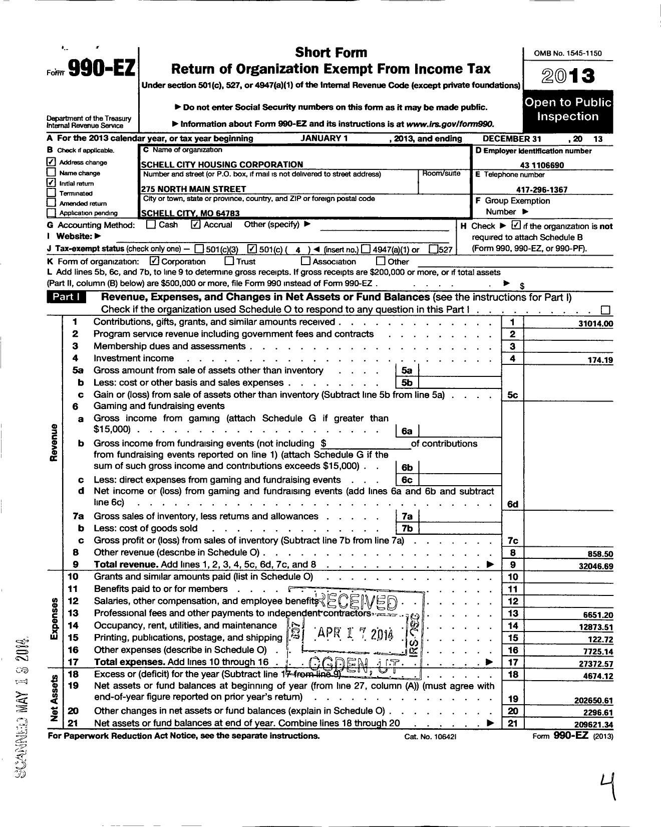 Image of first page of 2013 Form 990EO for Schell City Housing Corporation