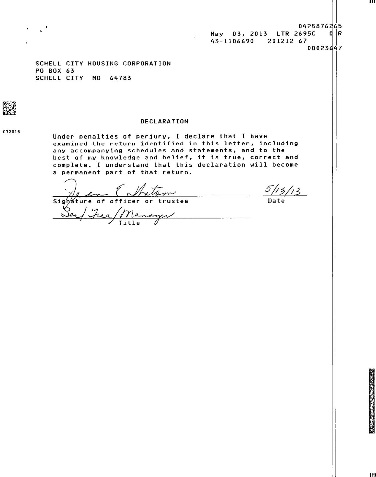 Image of first page of 2012 Form 990EOR for Schell City Housing Corporation