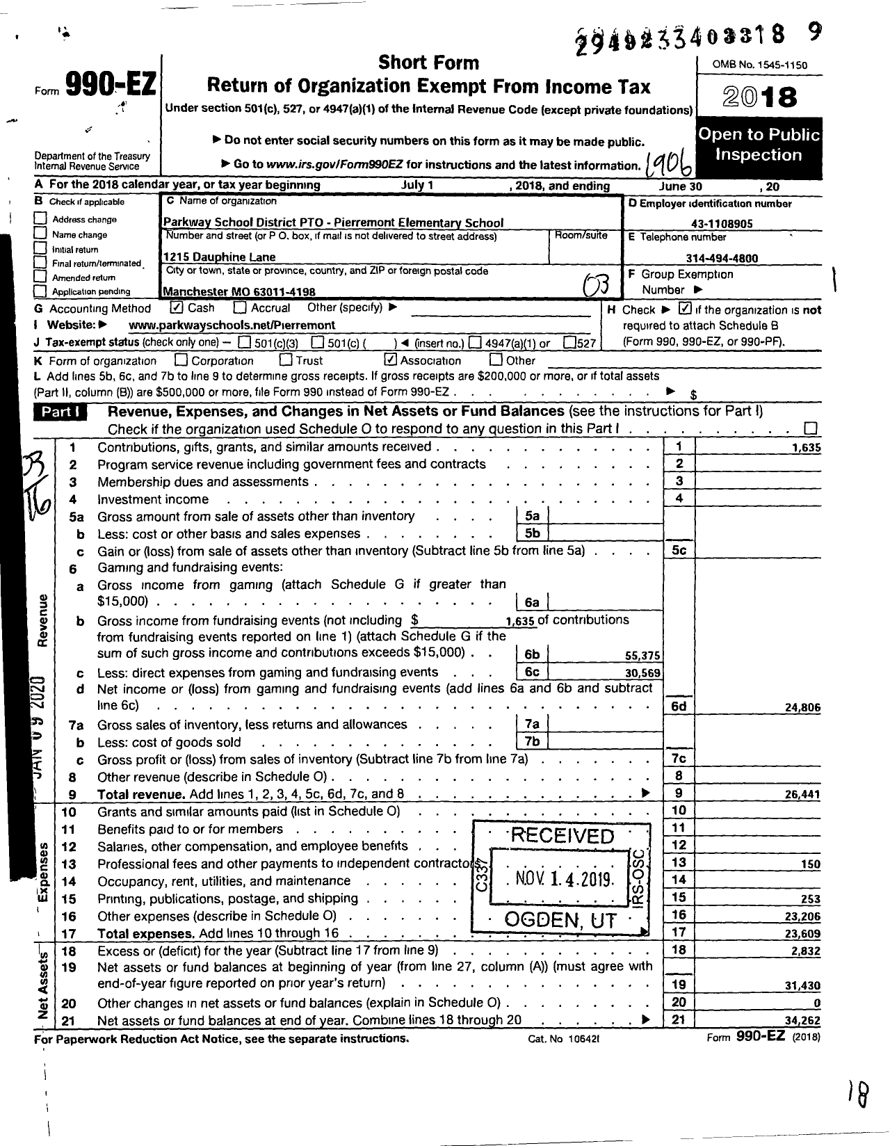 Image of first page of 2018 Form 990EZ for Parkway School District Parent Teachers Organization Council / Ptom Pierremont School