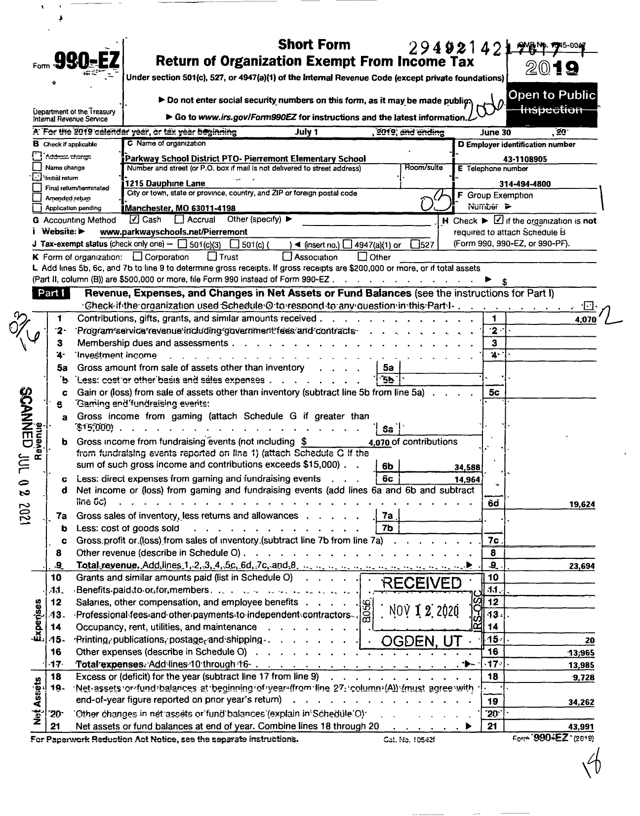 Image of first page of 2019 Form 990EZ for Parkway School District Parent Teachers Organization Council / Ptom Pierremont School