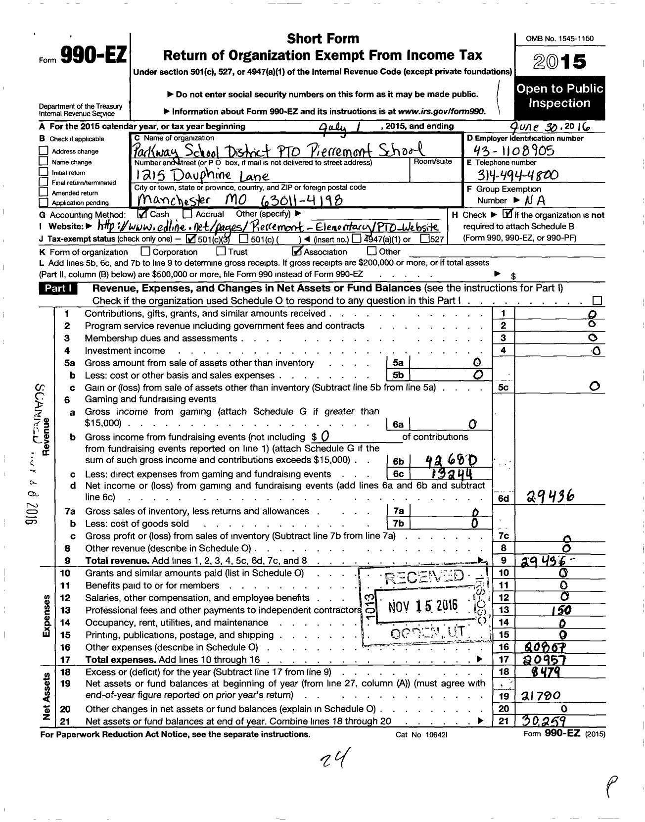 Image of first page of 2015 Form 990EZ for Parkway School District Parent Teachers Organization Council / Ptom Pierremont School