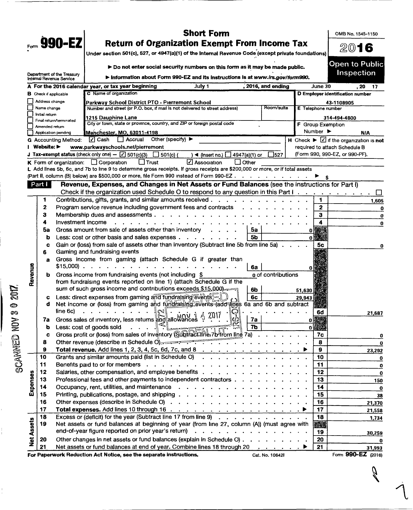 Image of first page of 2016 Form 990EZ for Parkway School District Parent Teachers Organization Council / Ptom Pierremont School