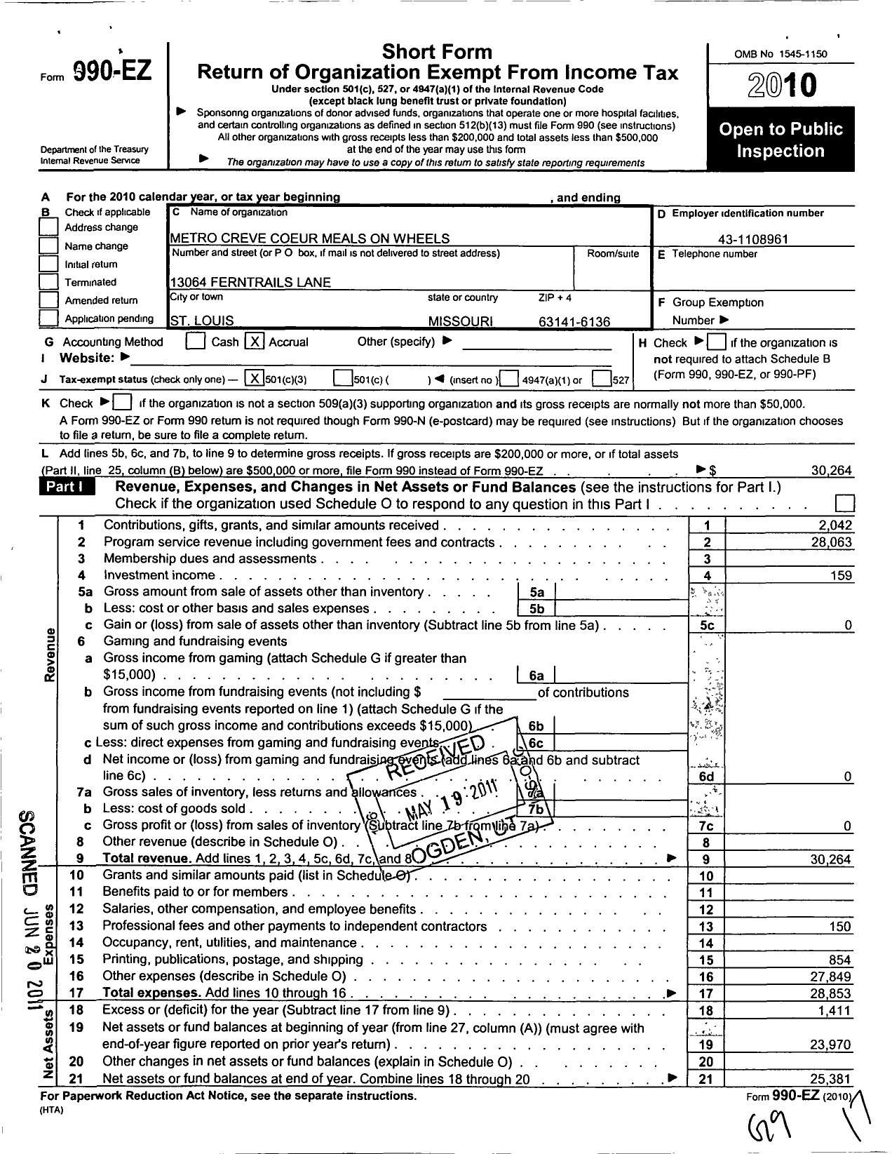 Image of first page of 2010 Form 990EZ for Metro Creve Coeur Meals on Wheels