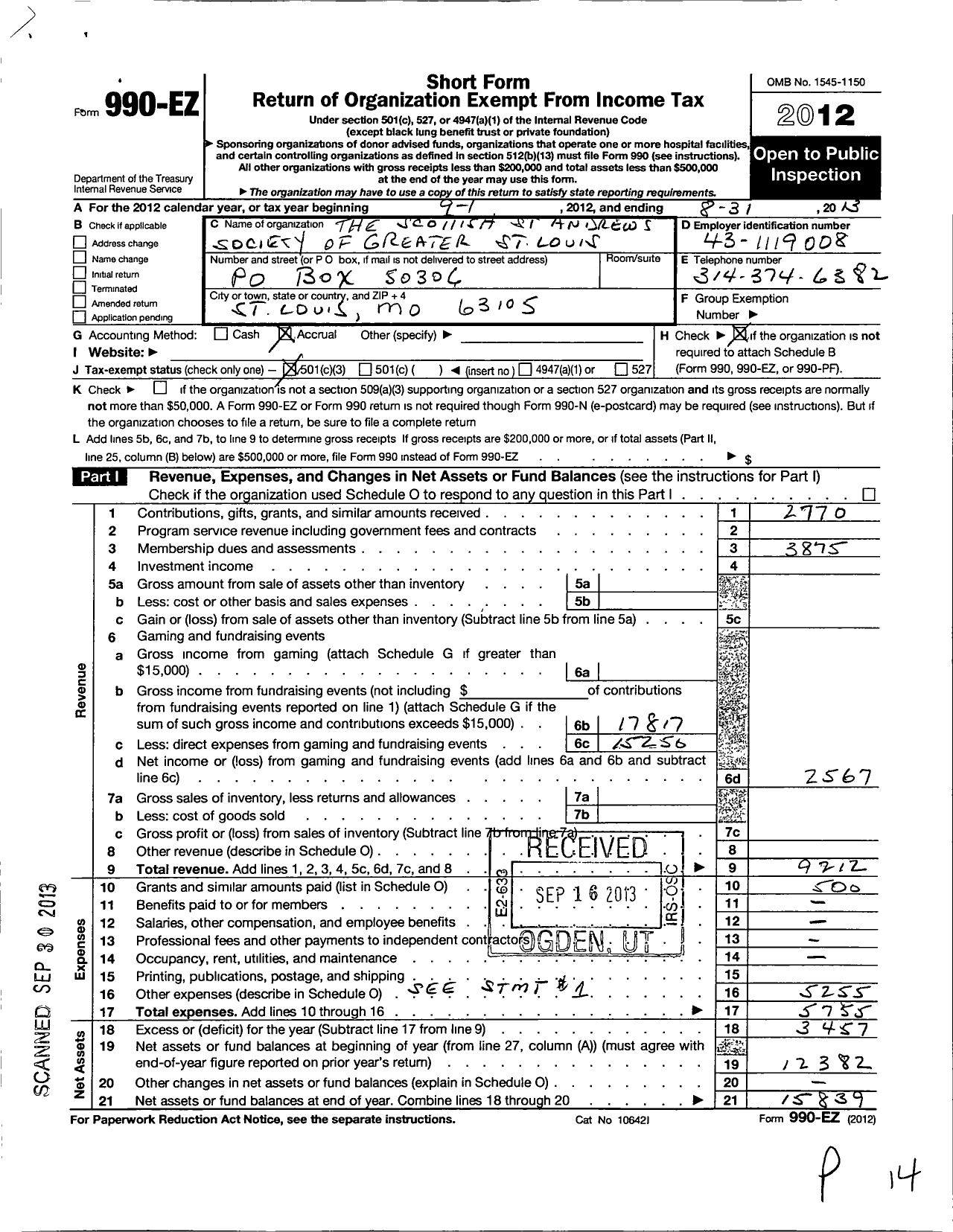 Image of first page of 2012 Form 990EZ for The Scottish St Andrew Society of Greater St Louis