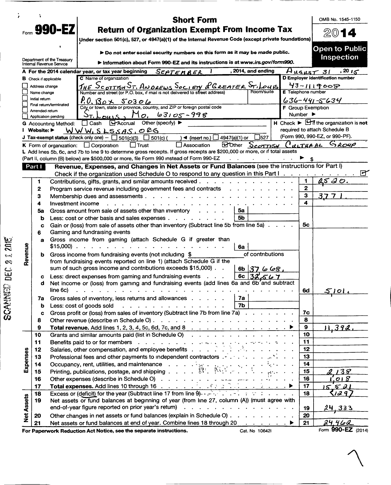 Image of first page of 2014 Form 990EO for The Scottish St Andrew Society of Greater St Louis