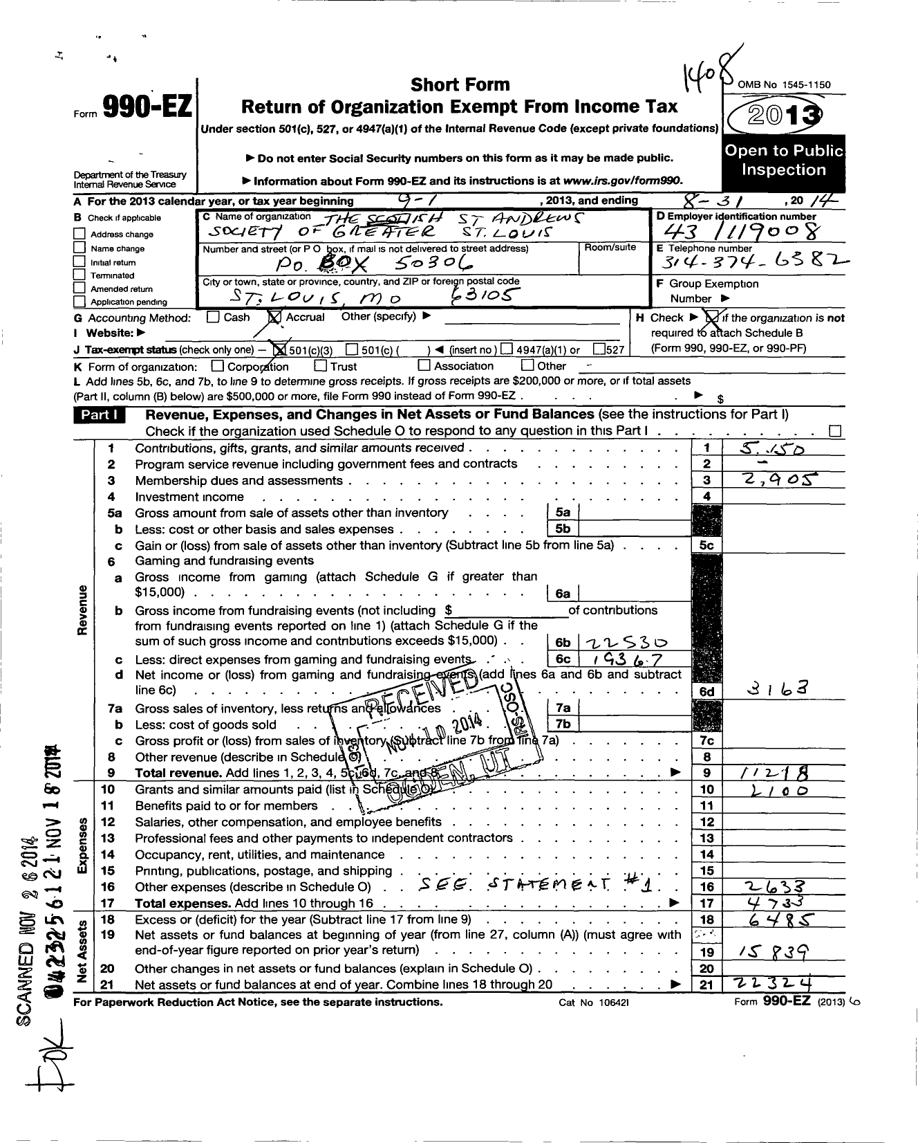 Image of first page of 2013 Form 990EZ for The Scottish St Andrew Society of Greater St Louis