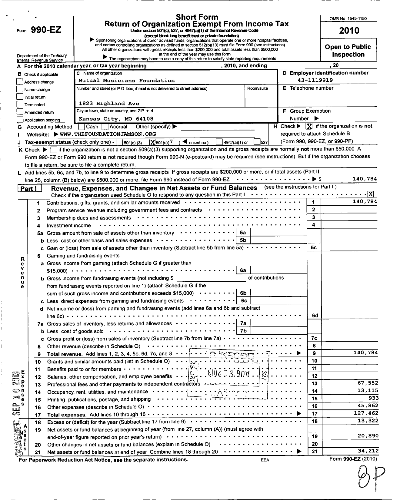 Image of first page of 2010 Form 990EO for Mutual Musicians Foundation