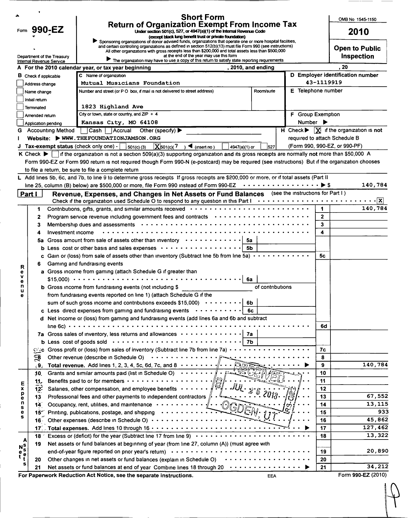 Image of first page of 2010 Form 990EO for Mutual Musicians Foundation