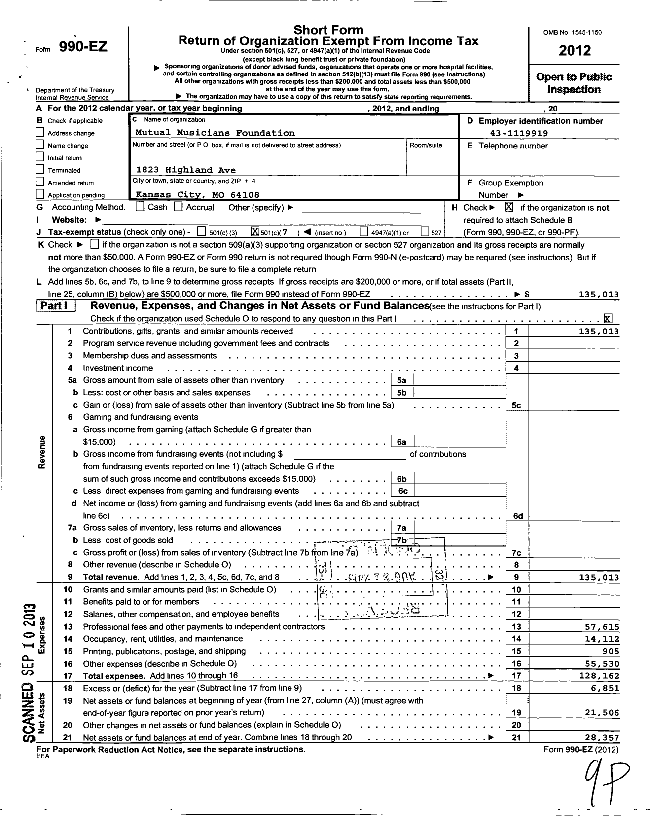 Image of first page of 2012 Form 990EO for Mutual Musicians Foundation