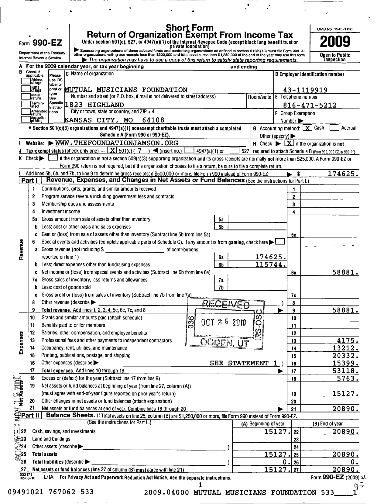 Image of first page of 2009 Form 990EO for Mutual Musicians Foundation