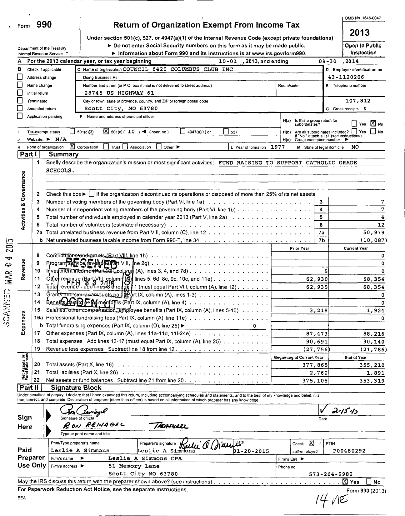 Image of first page of 2013 Form 990O for Council 6420 Columbus Club