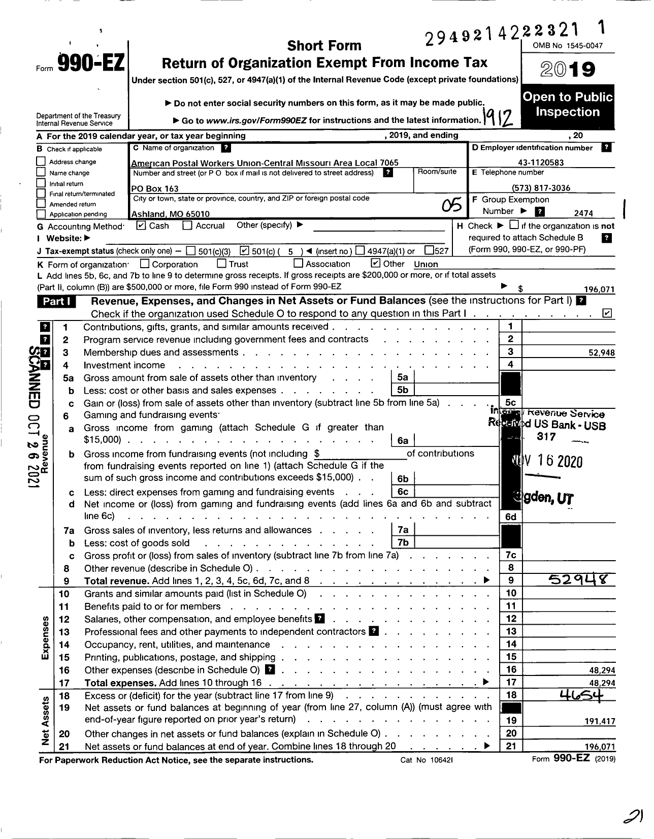 Image of first page of 2019 Form 990EO for American Postal Workers Union - 7065 Central Mo Area Local