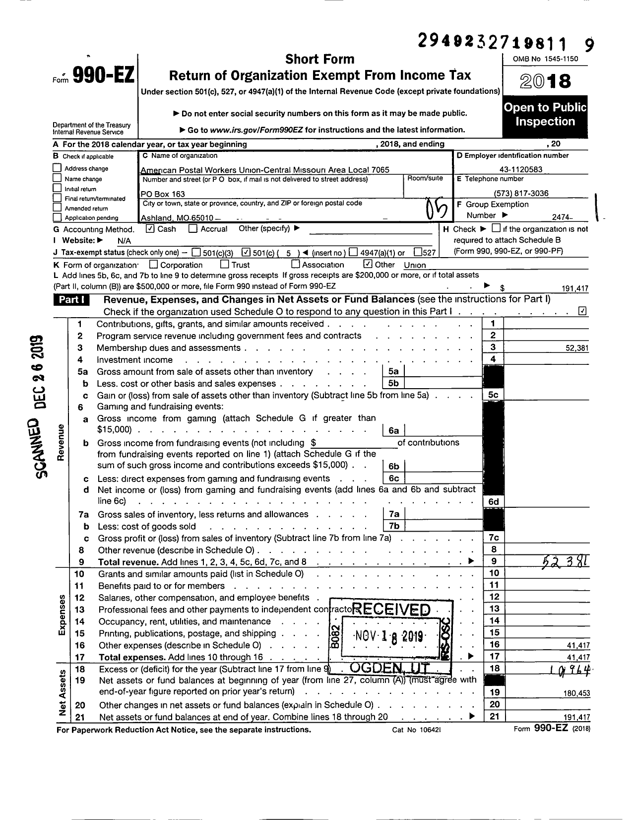 Image of first page of 2018 Form 990EO for American Postal Workers Union - 7065 Central Mo Area Local