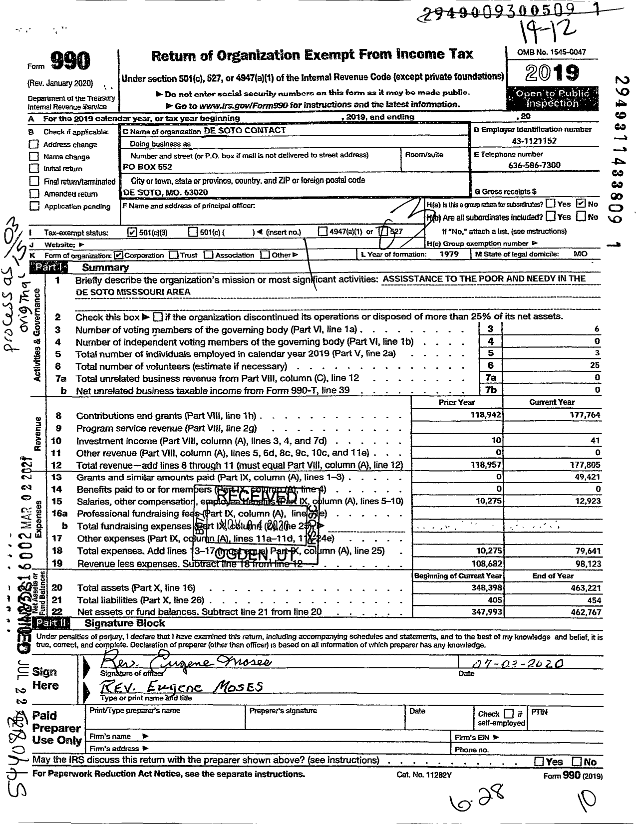 Image of first page of 2019 Form 990 for De Soto Contact