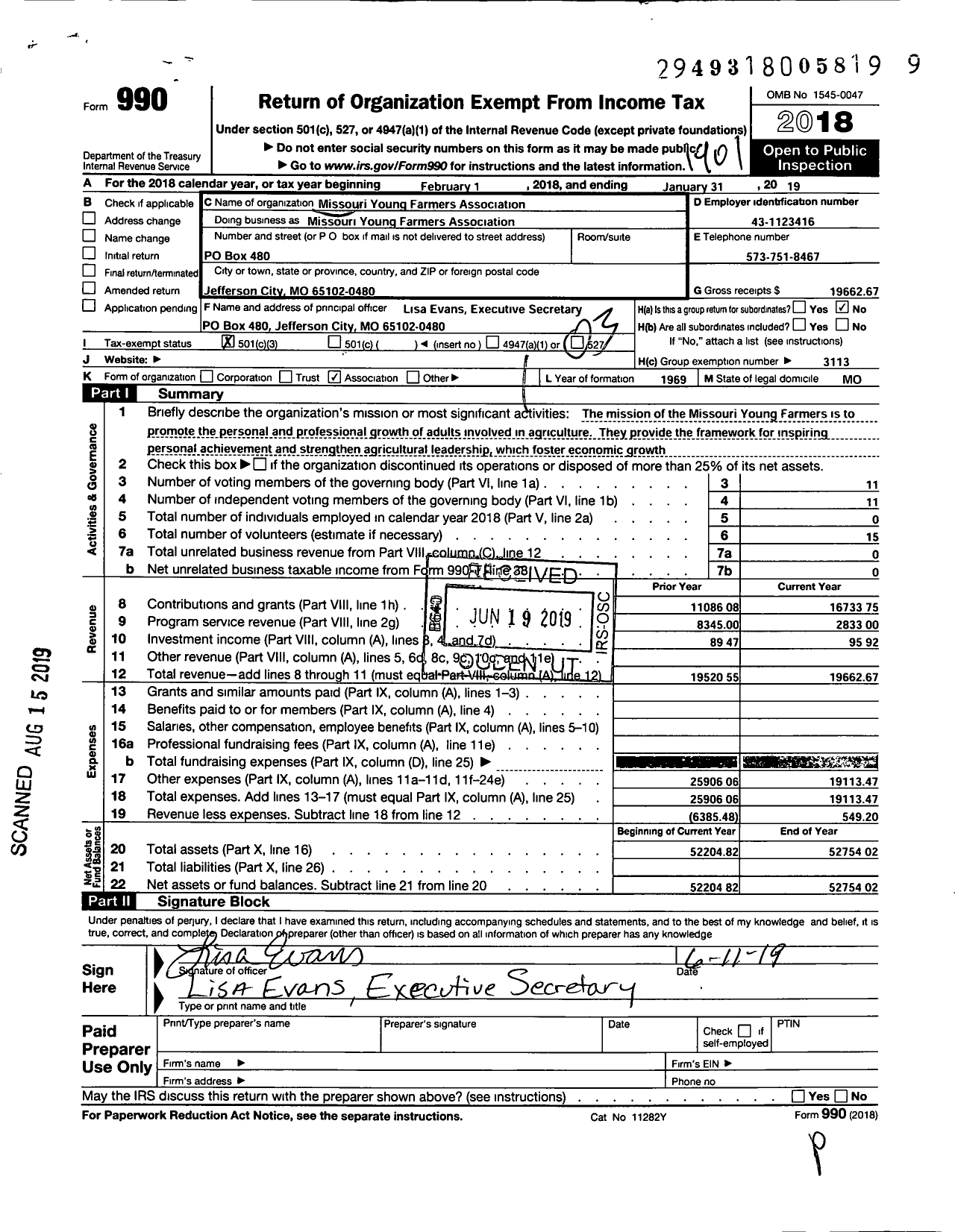 Image of first page of 2018 Form 990 for Missouri Young Farmers Association Missouri Young Farmers Association