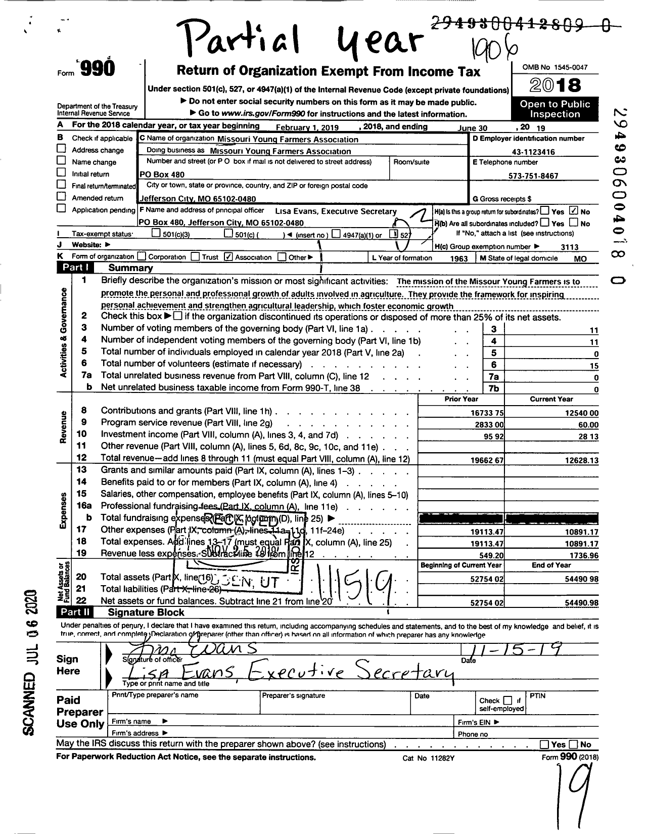 Image of first page of 2018 Form 990 for Missouri Young Farmers Association Missouri Young Farmers Association