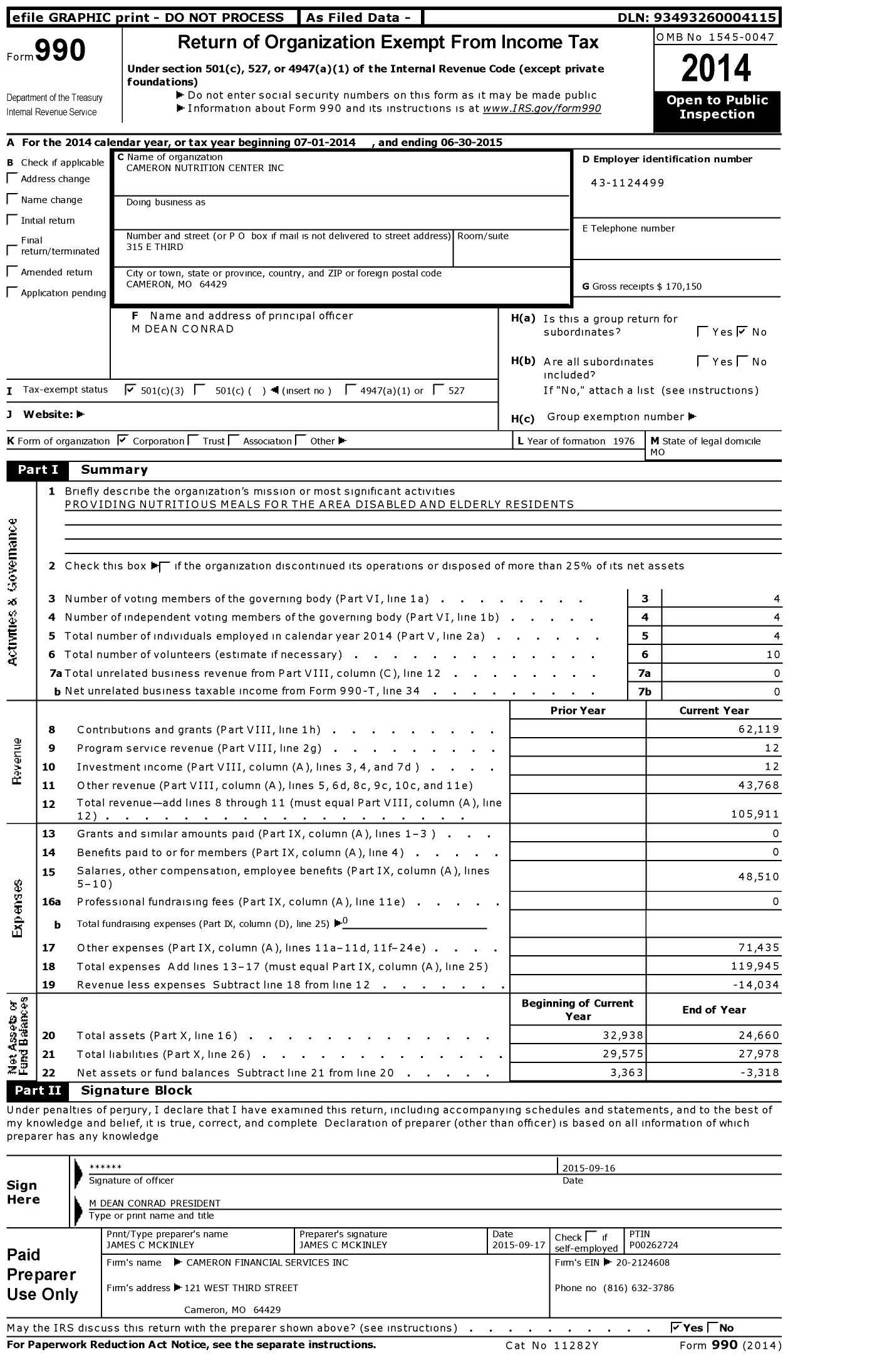 Image of first page of 2014 Form 990 for Cameron Nutrition Center