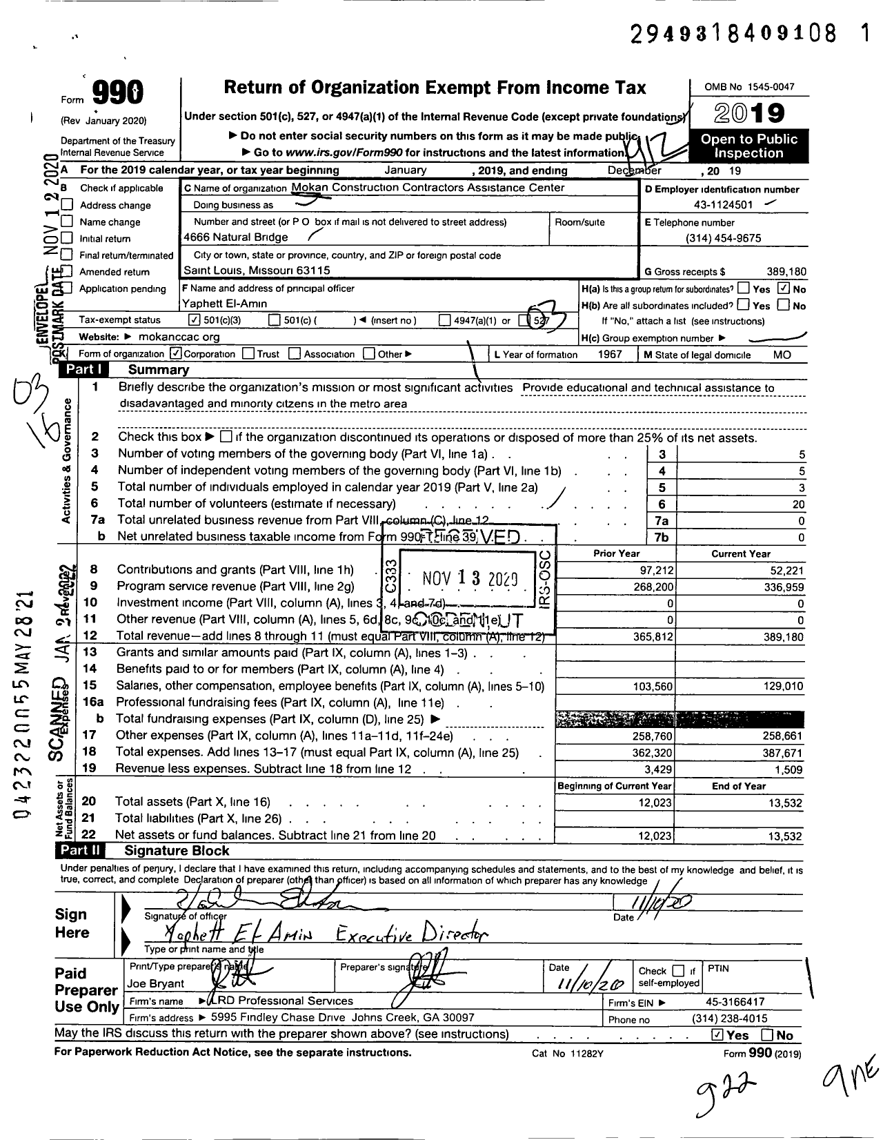 Image of first page of 2019 Form 990 for Mo Kan Construction Contractors Association Assistance Center