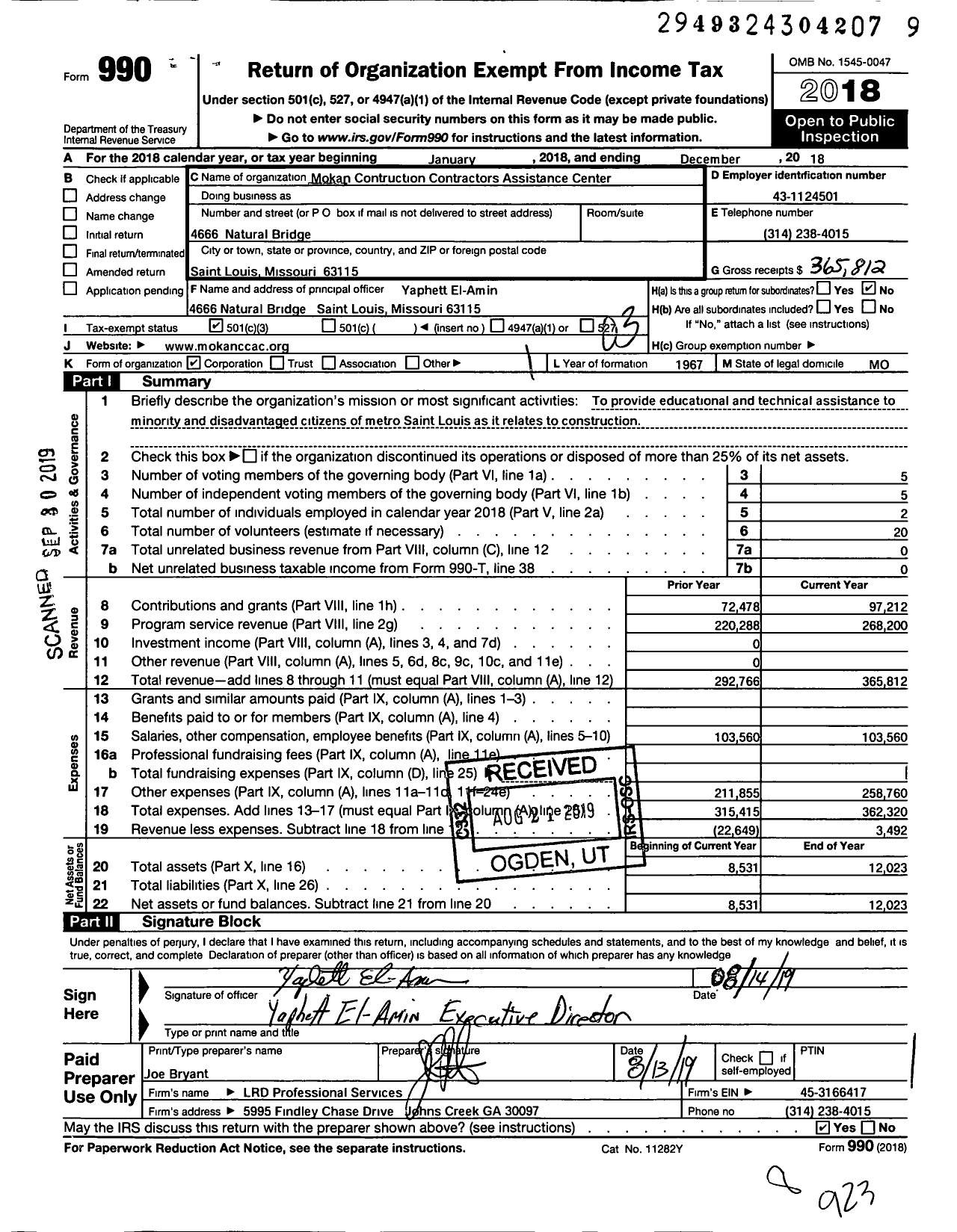 Image of first page of 2018 Form 990 for Mo Kan Construction Contractors Association Assistance Center