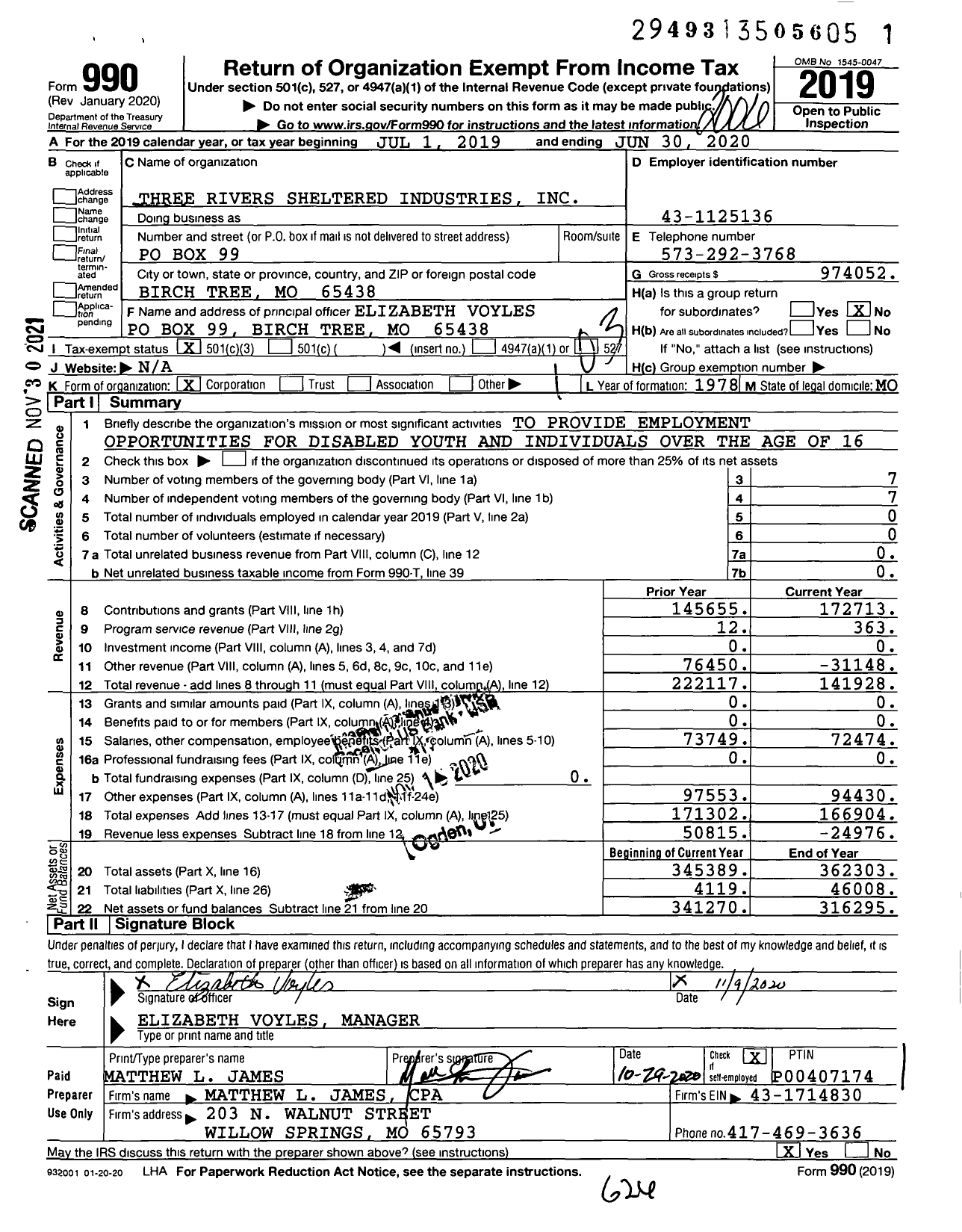 Image of first page of 2019 Form 990 for Three Rivers Sheltered Industries