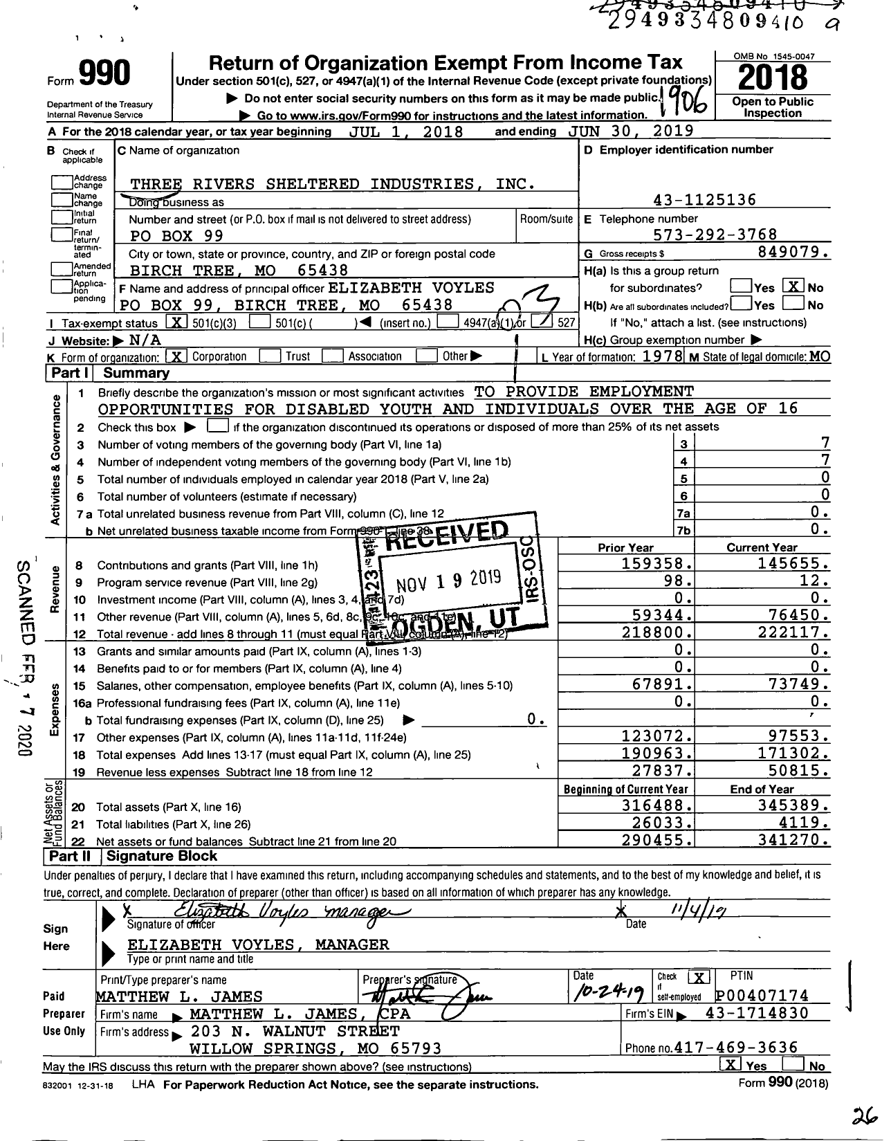 Image of first page of 2018 Form 990 for Three Rivers Sheltered Industries