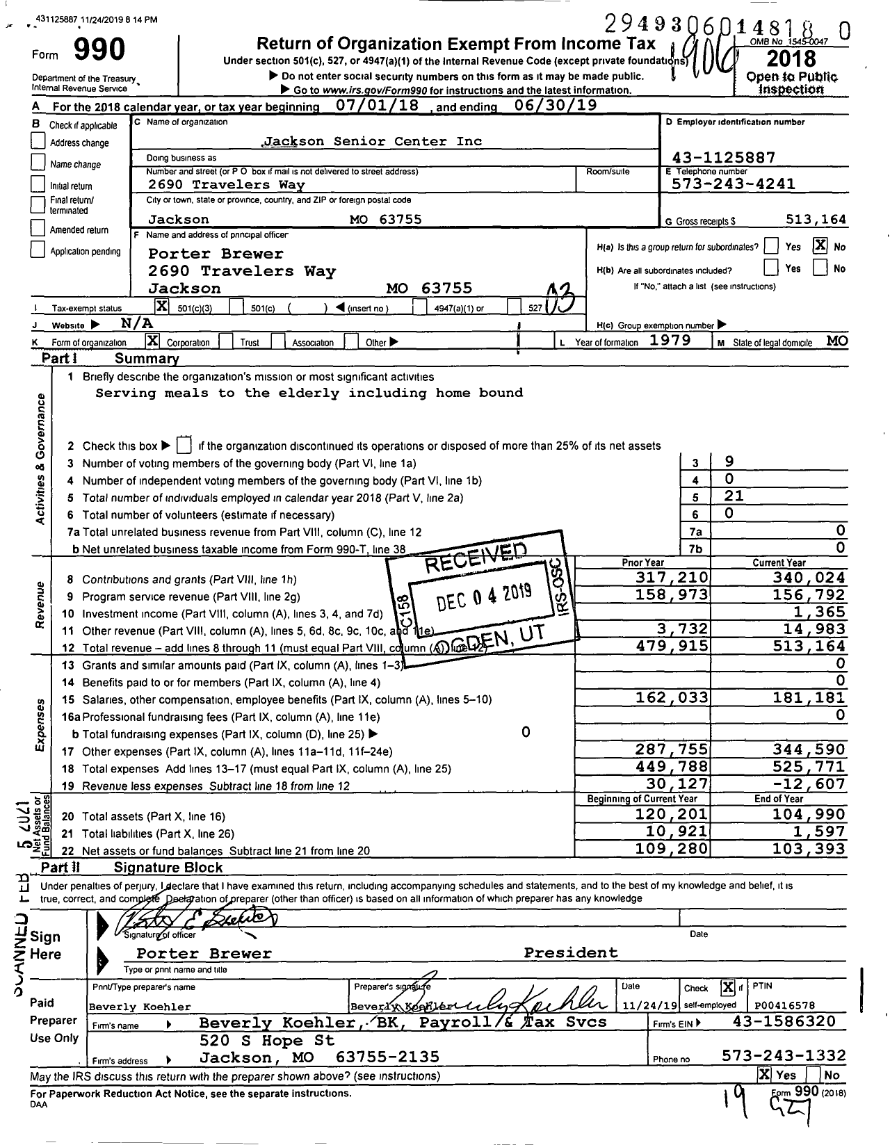 Image of first page of 2018 Form 990 for Jackson Senior Center