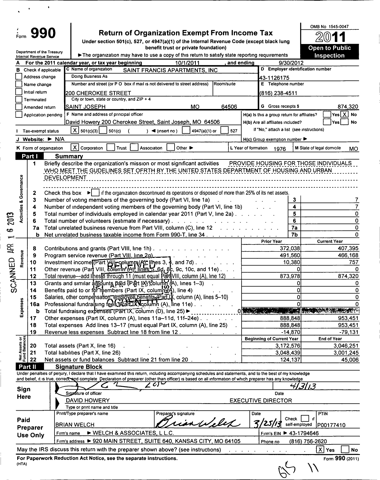 Image of first page of 2011 Form 990 for St Francis Apartments