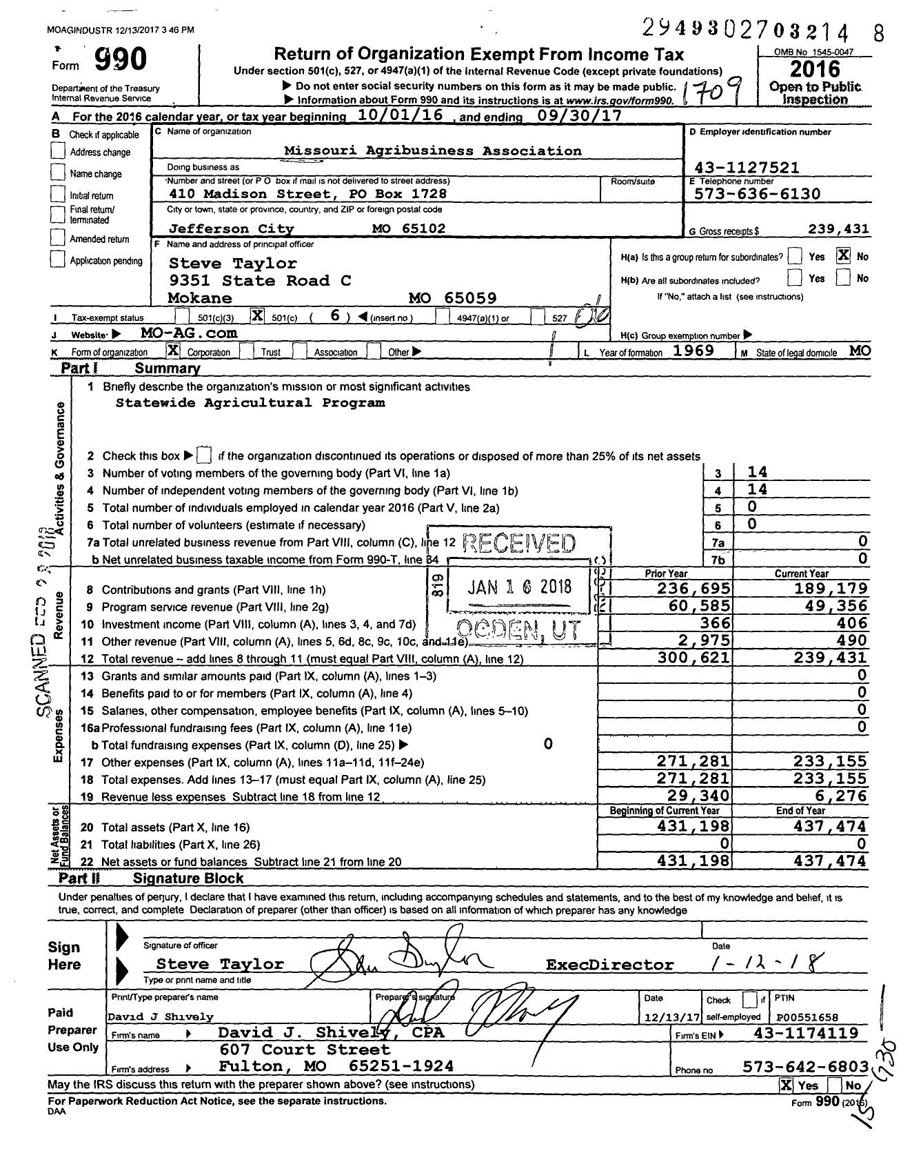 Image of first page of 2016 Form 990O for Missouri Agribusiness Association