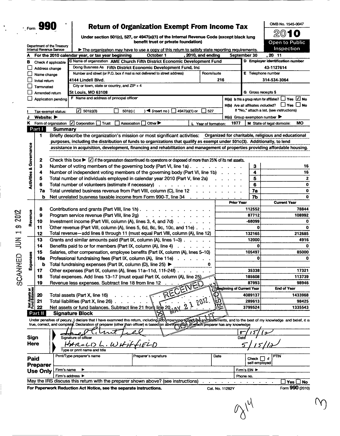 Image of first page of 2010 Form 990 for Fifth District Economic Development Fund